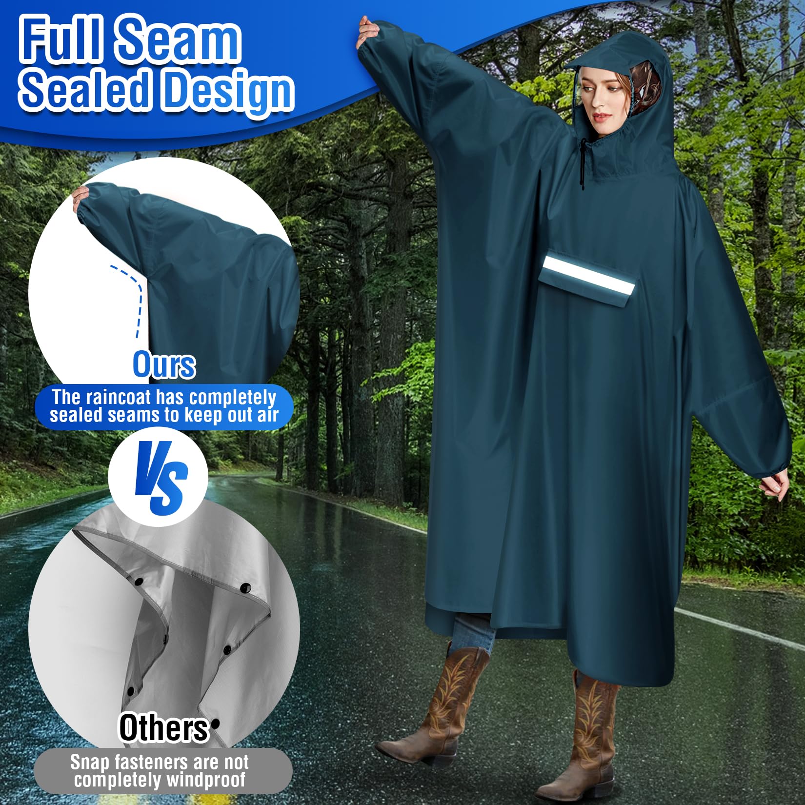 Regenponcho Herren Damen Wasserdichter Regenponcho für Fahrrad Wiederverwendbar Regen Poncho mit Reflektierenden Streifen Leichtes Atmungsaktives Regencape für Radfahren, Wandern, Angeln