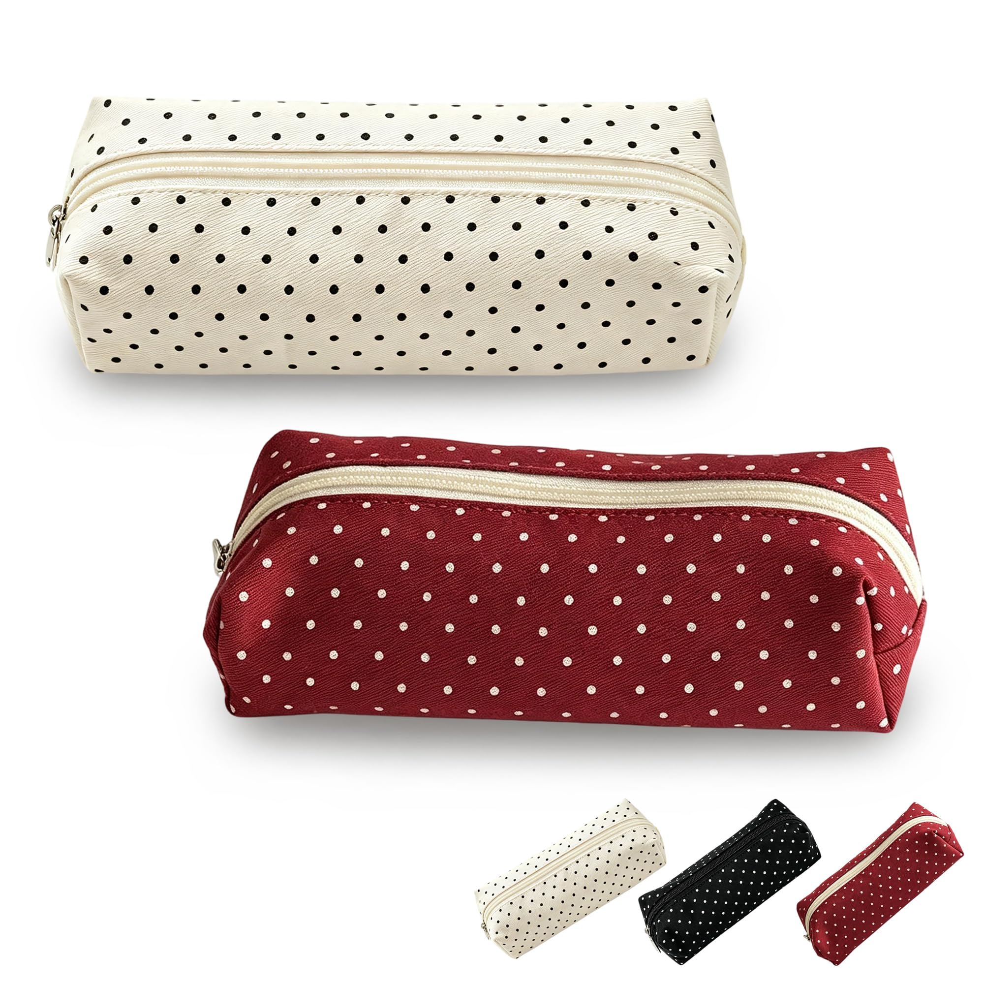 Cute Polka Dot Pencil Case Aesthetic Pencils Pouch (Beige+Burgundy)