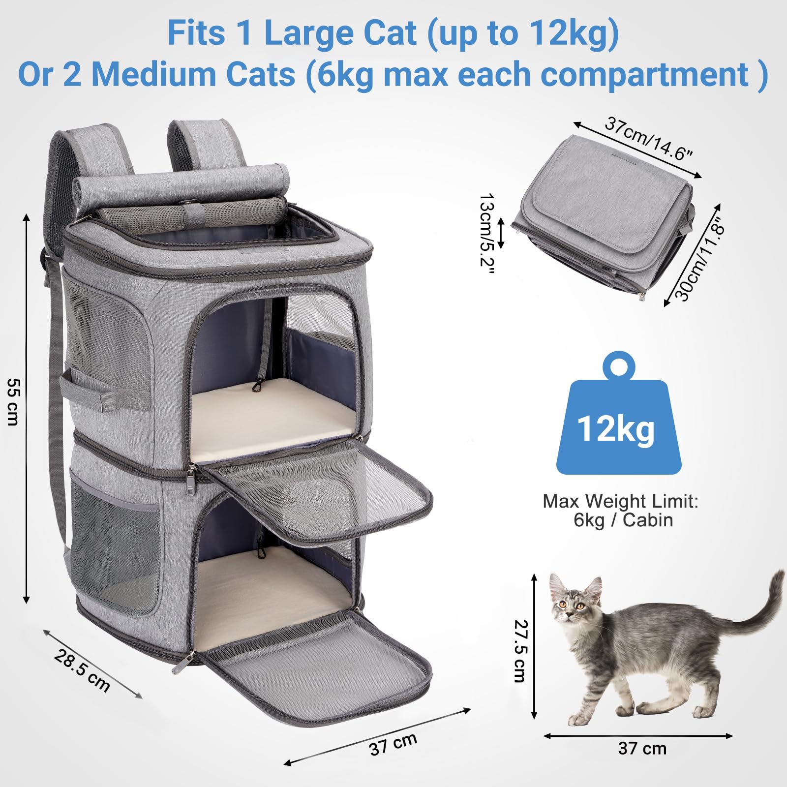 Zaino per Gatti Doppio 2 in 1 Pieghevole, Trasportino per 2 Gatti o 1 Gatto Grande fino a 12kg, Divisorio Rimovibile, Grigio