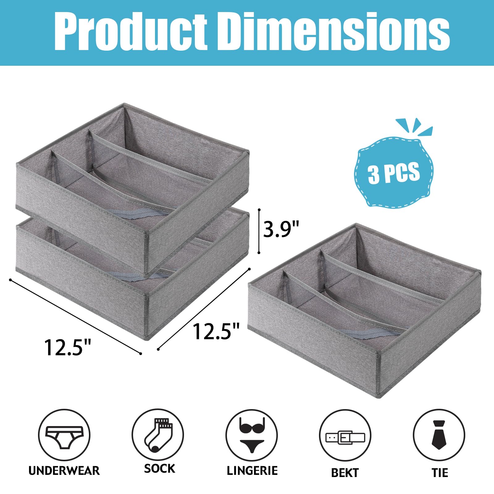 Organizador de cajones de almacenamiento para sujetador, ropa interior, tocador, cajones, divisores, cubos de almacenamiento plegables para brasier, ropa interior, paquete de 3 (gris)