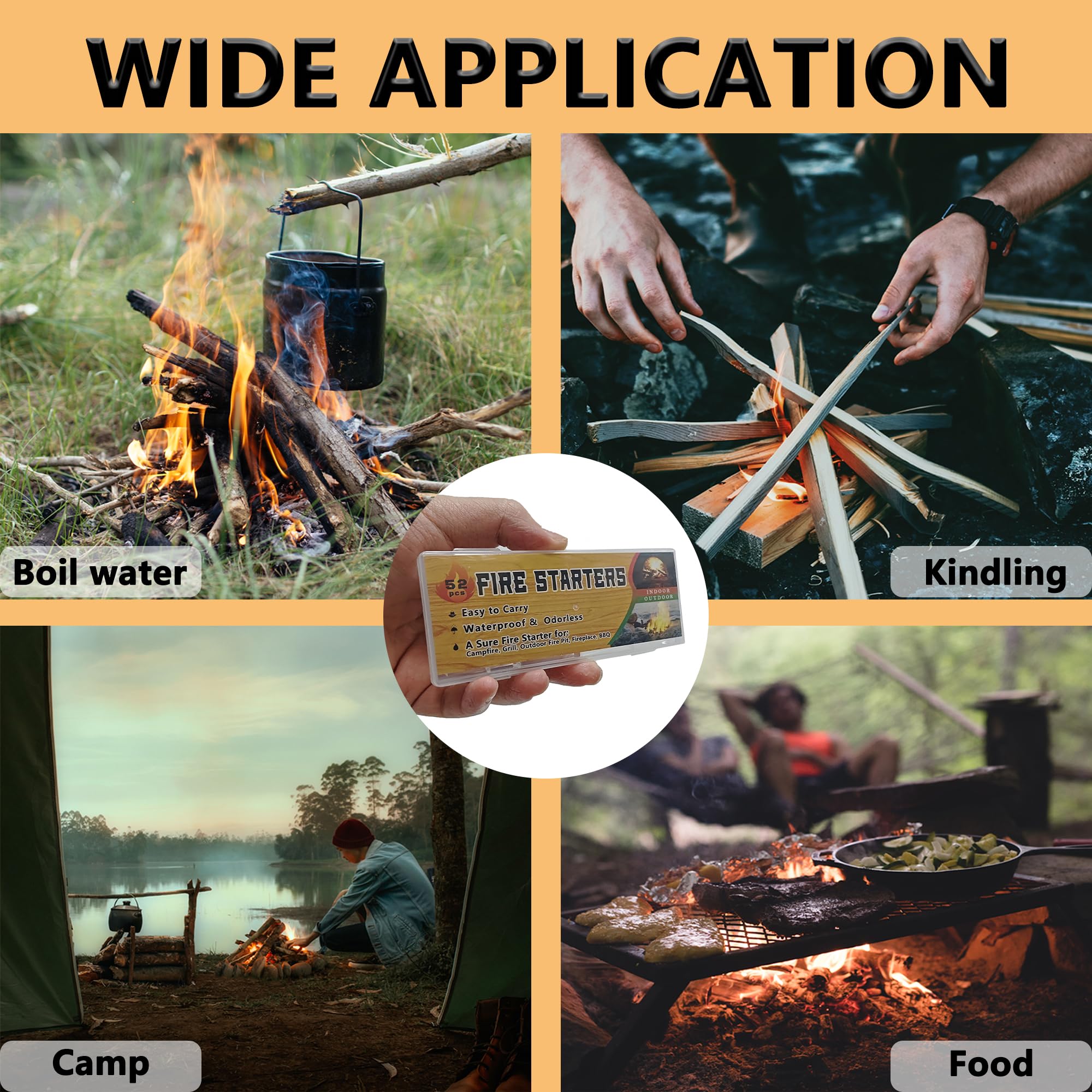 Fire Starters, 52pcs, Waterproof and Odorless, for Campfire, Grill, Outdoor Fire Pit, Fireplace, BBQ (52pcs, 1.18in)