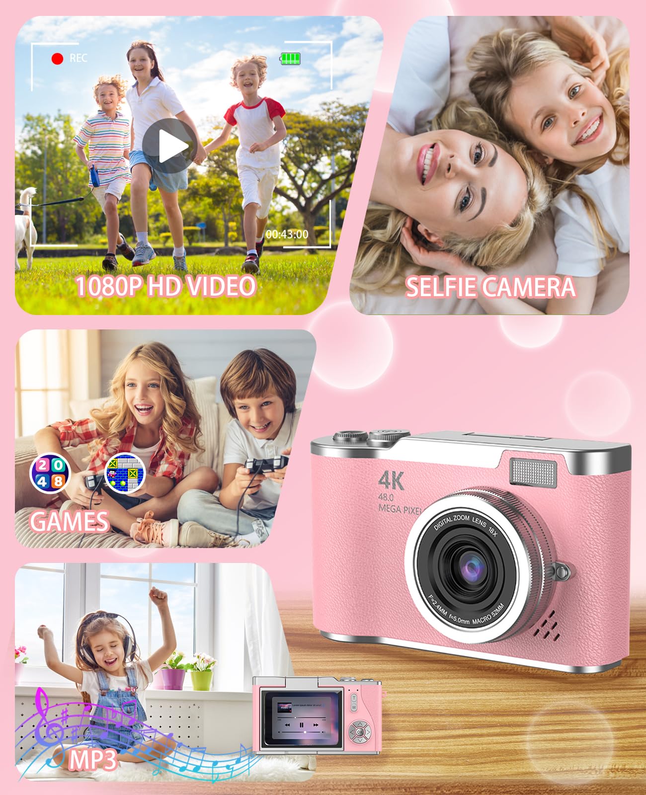 Cámara para niños, cámara digital 4K para fotografía, cámara selfie de video HD de 48MP 1080P, con flash de pantalla abatible de 180°, con tarjeta SD de 32 GB, para principiantes, niños 6