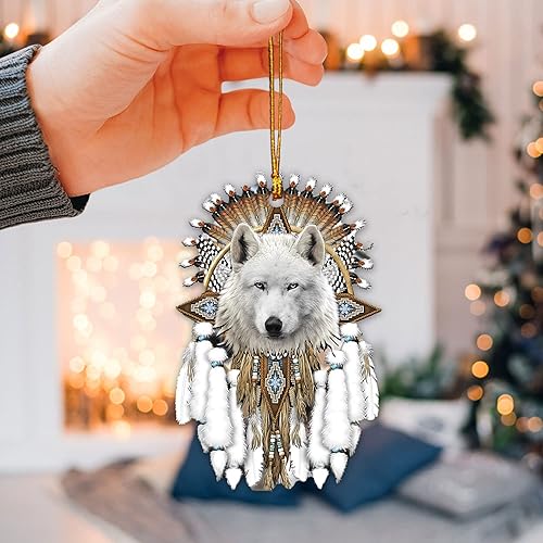 Miniatura 5 de Talataca Atrapasueños Nativo Americano Indígena Lobo Blanco 2D Plano Accesorios para Espejo Retrovisor de Coche Adorno de Árbol de Navidad