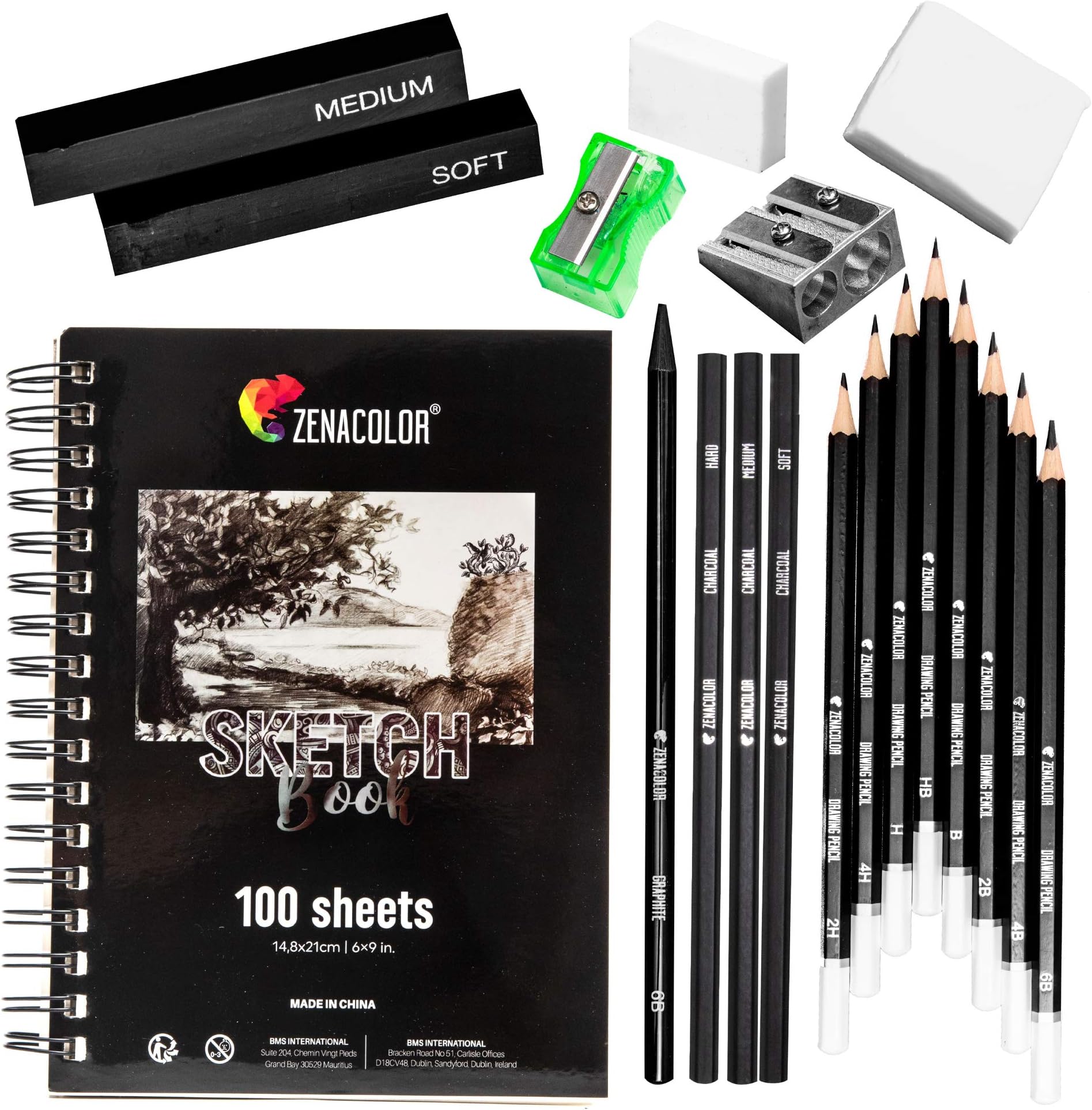ZenacolorComplete Drawing Kit – Beginner or Professional – 19 Accessories: 8 Pencils, 3 Charcoal Pencils, 1 Graphite, 3 Charcoal Sticks, Drawing Book 100 Pages – Artist Gift All Levels