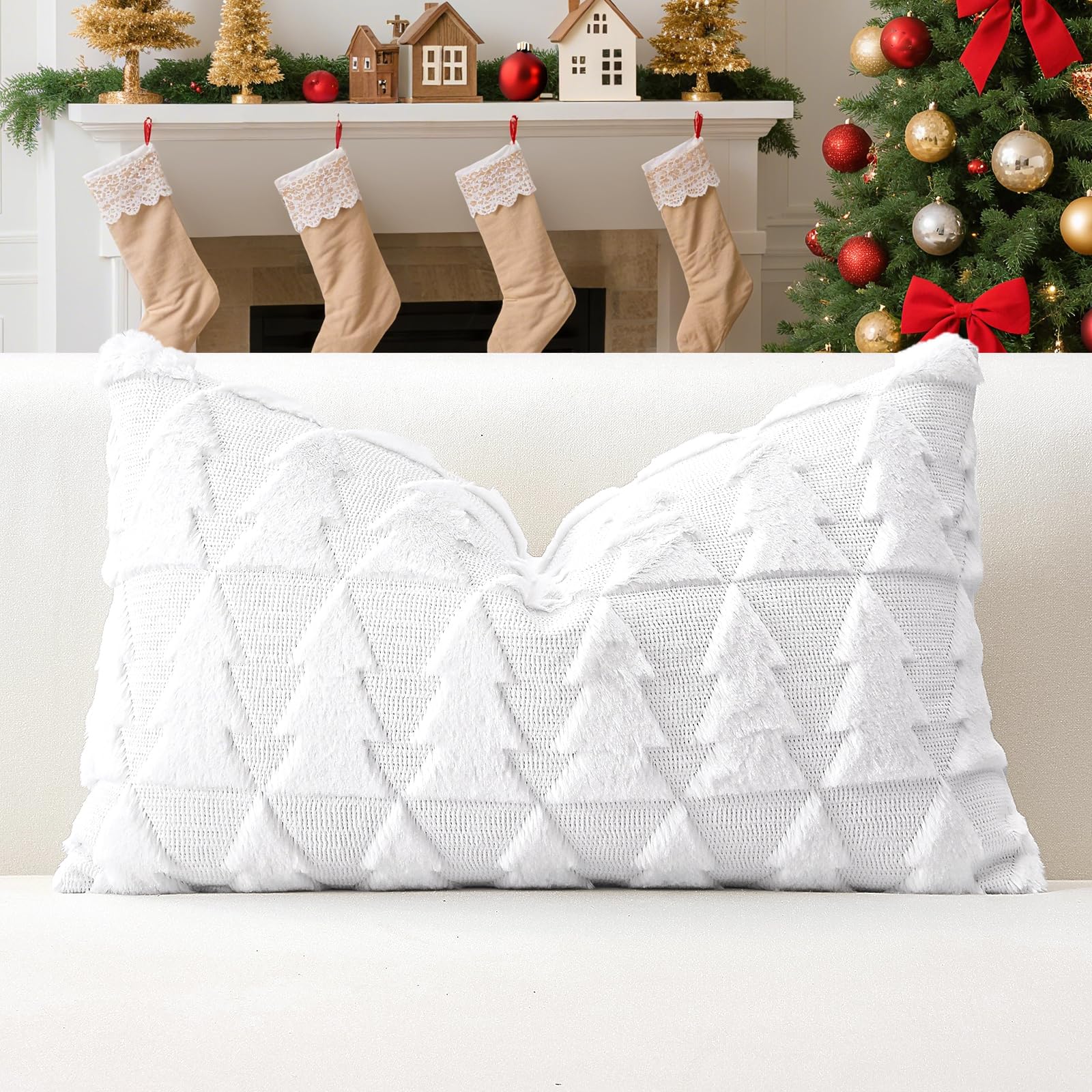 Artscope Set of 1 Xmas Soft Plush Short Wool Velvet Decorative Cushion Covers 30x50cm Lumbar Luxury Style Throw Pillow Covers Pillow Shell for Sofa Bedroom Christmas Tree White — image 1