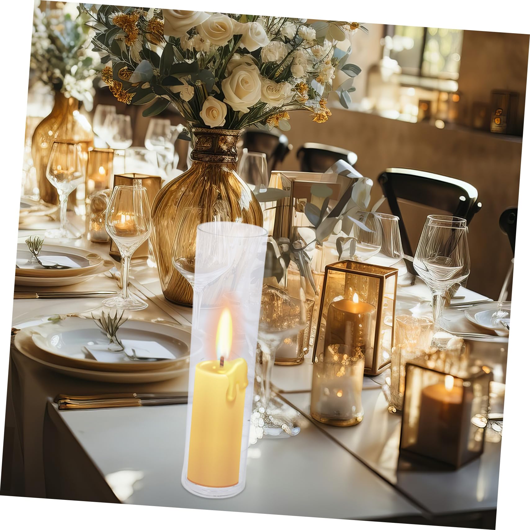 Portavelas de Vidrio Cilíndrico con Cubierta Antiviento, para Boda y Decoración del Hogar, Centro de Mesa Elegante
