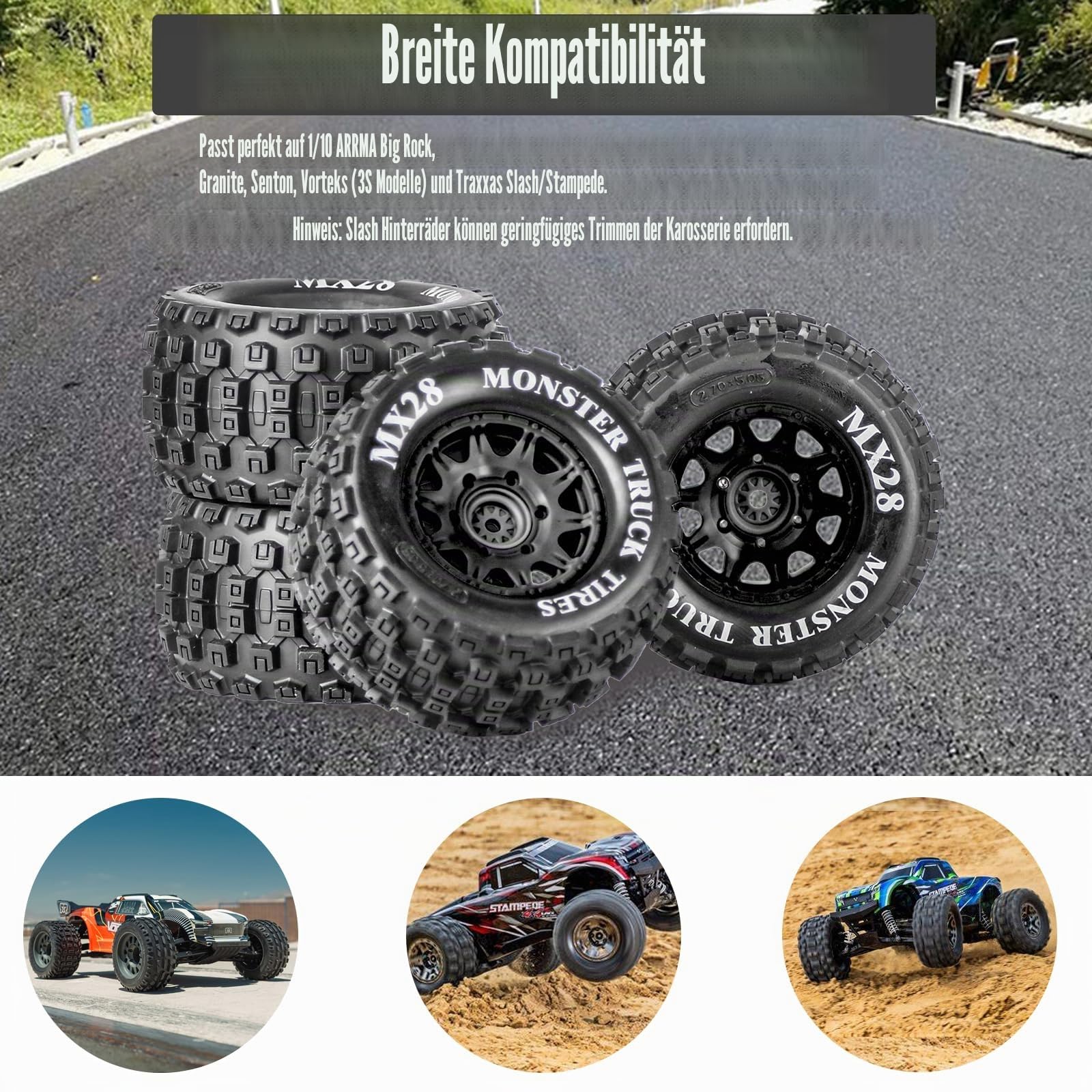 MX28 2,8 Zoll Reifen und Felgen Vorgeklebt All-Terrain MT Reifen mit 12mm/14mm Hex - 1/10 Maßstab RC Truck Reifen für ARRMA Big Rock, Granite, Senton, Vorteks, Traxxas Slash, Stampede, Rustler, Hoss
