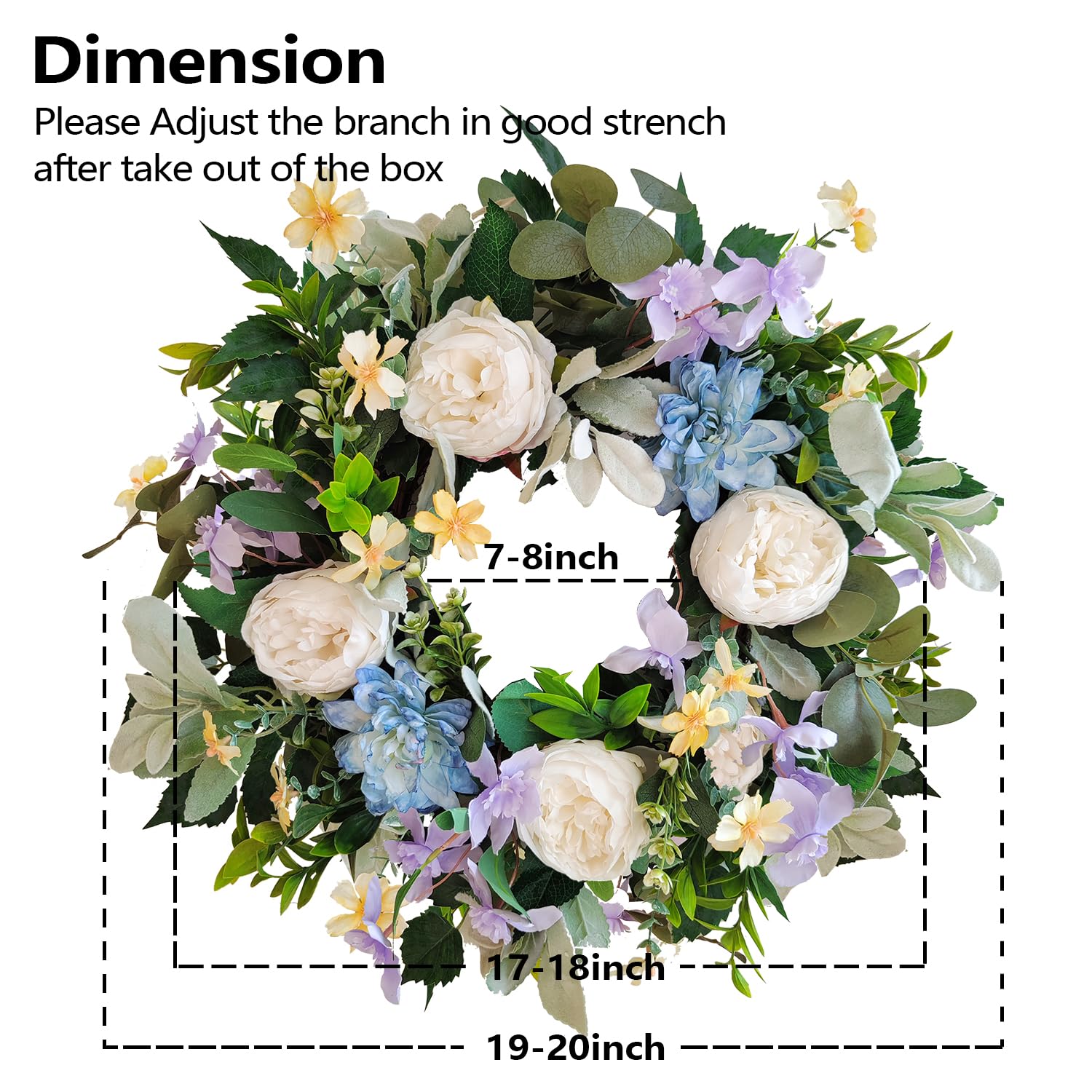 WANNA-CUL Guirlanda floral de peônia branca de primavera de 61 cm para porta da frente com flor rosa azul bebê para casamento ou decoração de casa