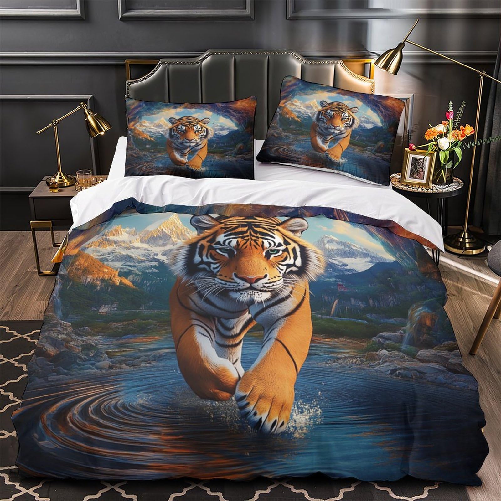 Housse de couette tigre 3D en microfibre 260x220 cm avec 2 taies d'oreiller pour lit adulte