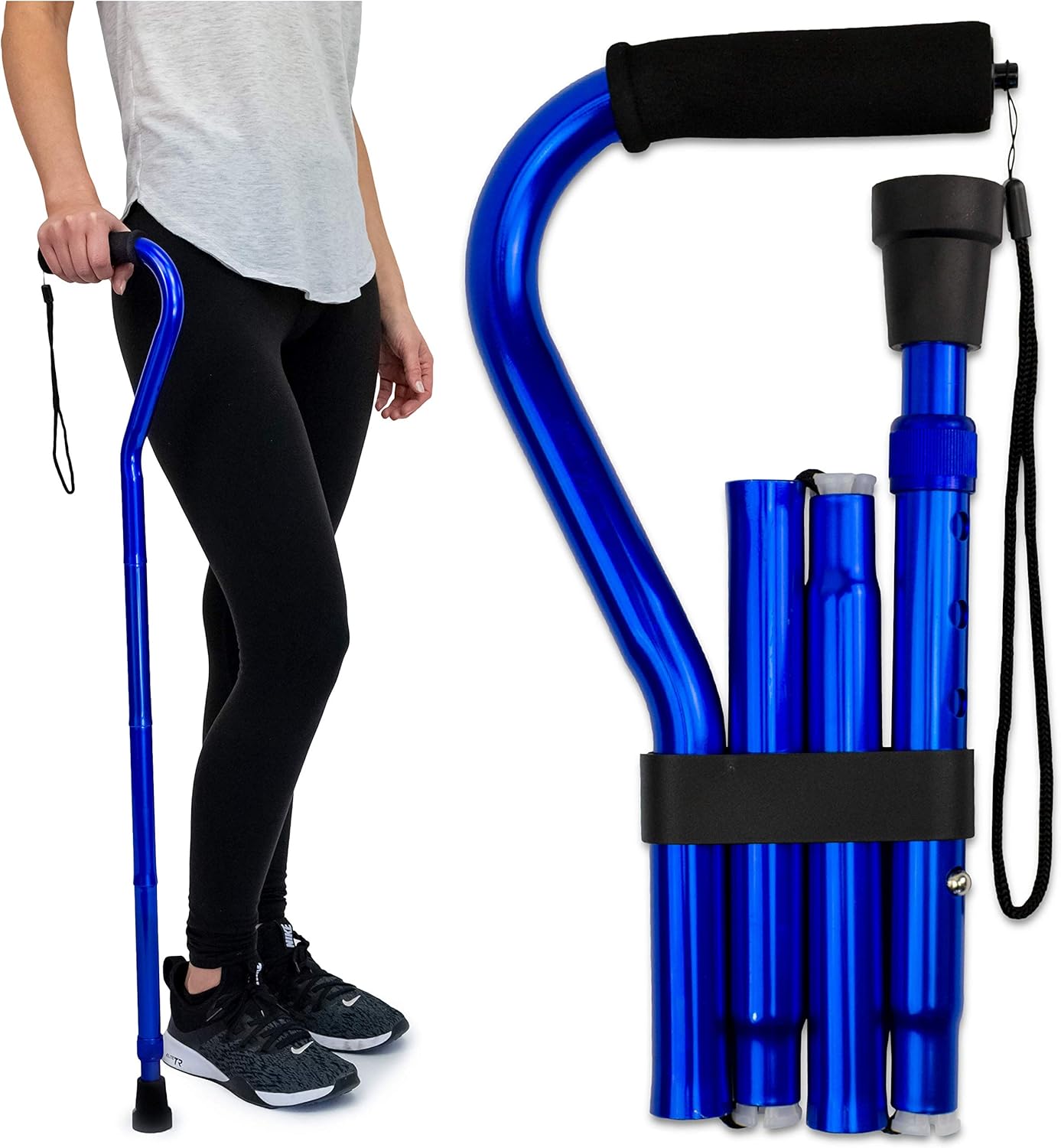 RMS Folding Cane with Offset Foam Handle, Adjustable Walking Stick with Carrying Pouch (Blue)
