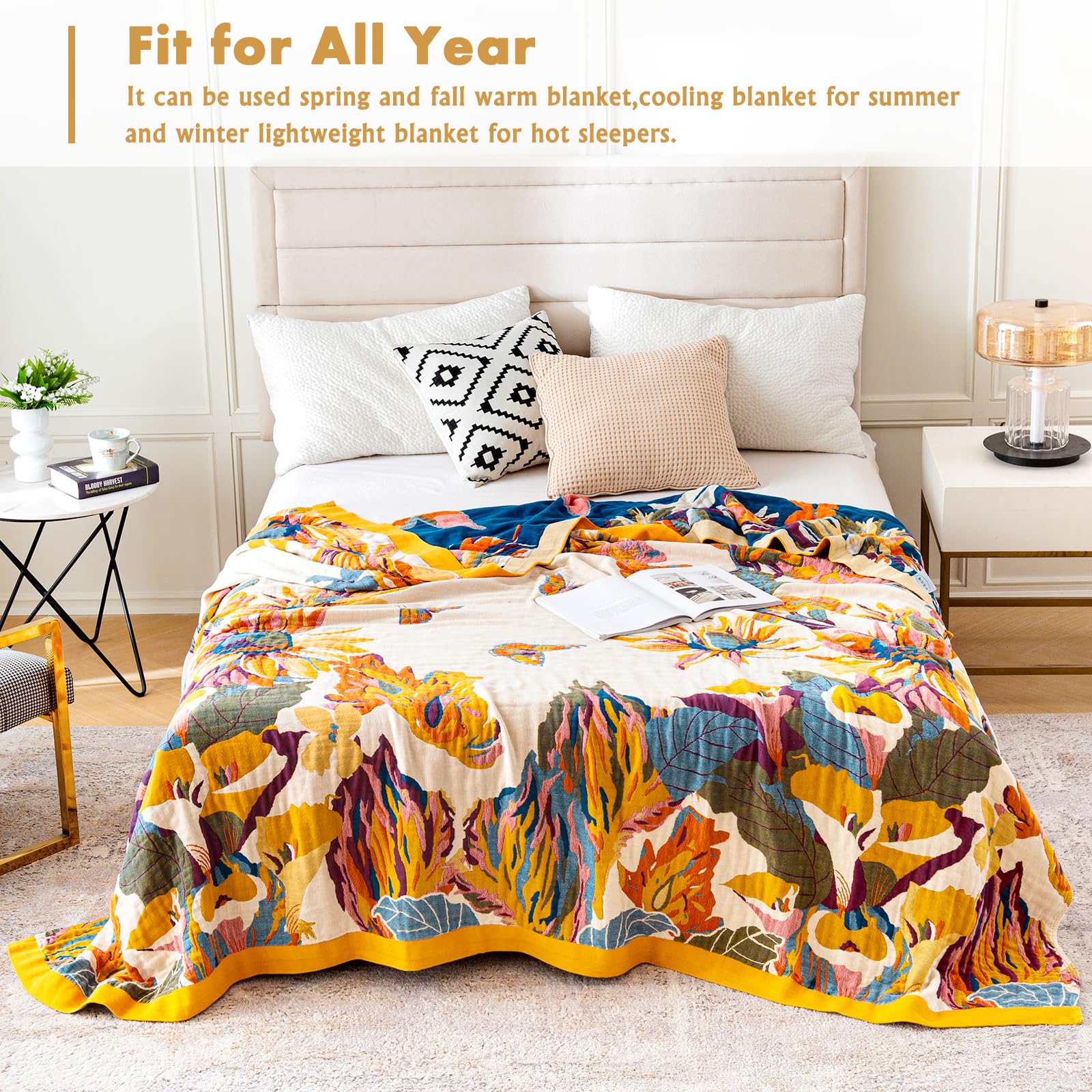 Vksucss Throw Blanket for Couch Bed Cozy Cotton Blankets Twin,Soft Gauze Boho Throw Blanket Butterfly and Floral Doubel Side Embroidery,60