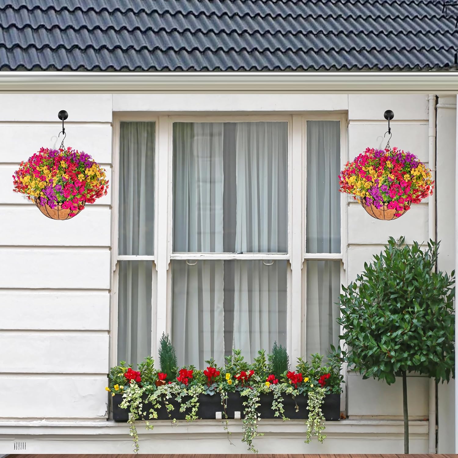 Artificial Hanging Flower Basket – 2 Pack Outdoor Faux Daisy Hanging Baskets with Coconut Liner, UV Resistant for Porch, Patio, Garden, Window