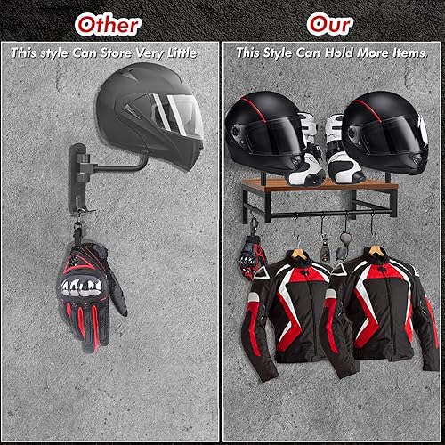 Miniatura 8 de Soporte de pared para casco de motocicleta, estante de almacenamiento de engranajes con 4 clips para guantes, soporte de casco de madera y metal