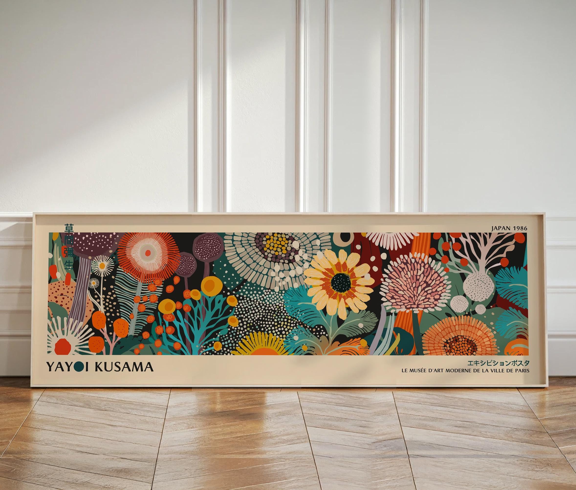 Japandi Yayoi Kusama Poster: Panorama-Wandbild, extra großer Kunstdruck auf Leinwand, Blumenbild für über Sofa oder Bett (50x150cm/Innenrahmen)