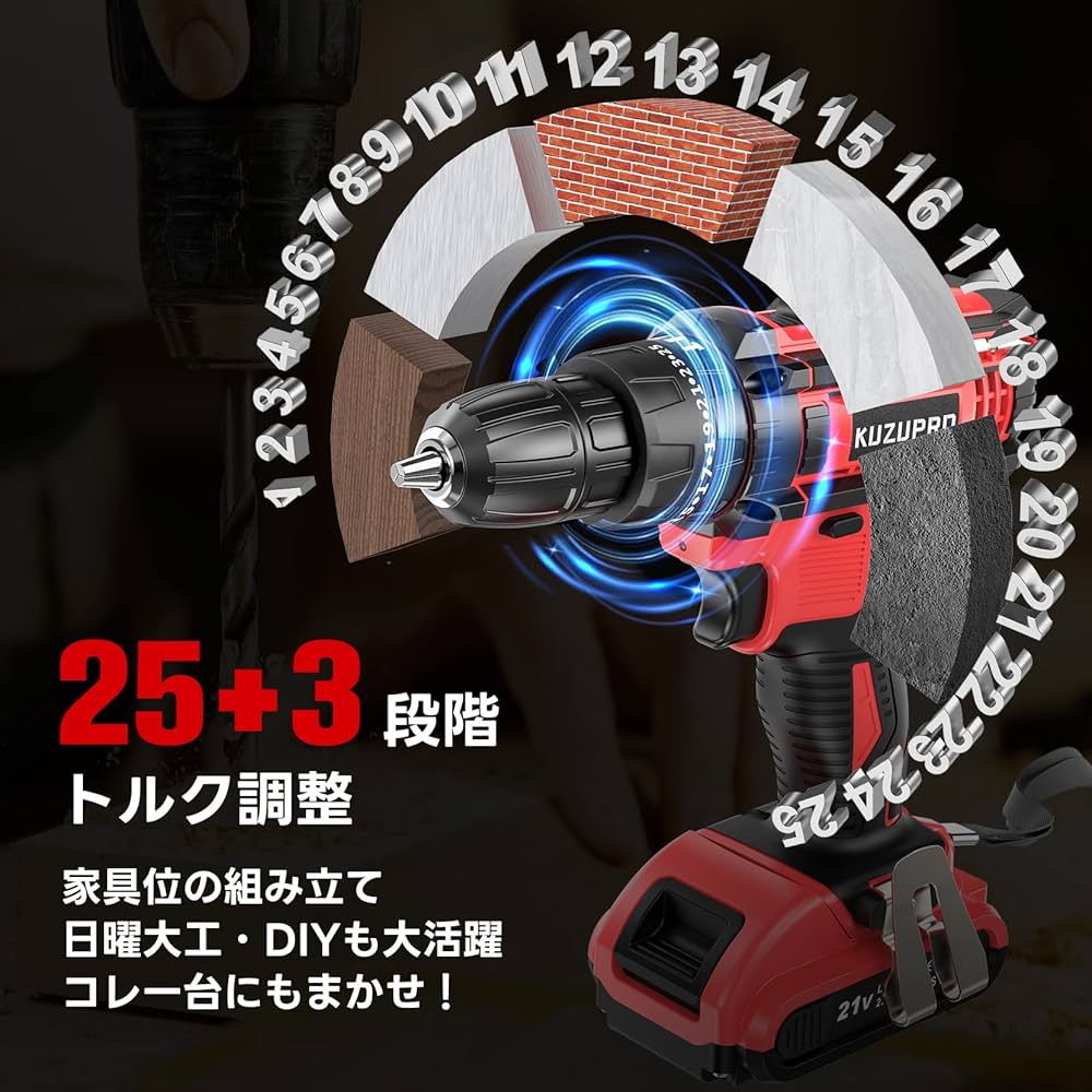 電動ドライバー Amazon | KUZUPRO 電動ドライバー 電動ドリル 21V 最大42N・m 25