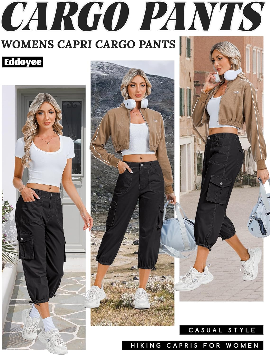 Eddoyee Women's Cargo Capris Pants Elastic Waist Hiking Pants 2026 Summer Casual Pants with 6 Pockets
