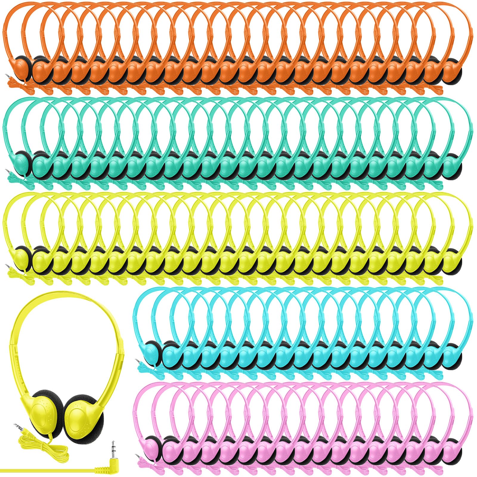 Hoteam Confezione da 100 cuffie regolabili per studenti in classe, con cavo, colore nero, con spina da 3,5 mm, per scuola, biblioteca, musei, beneficenza, omaggi (colori vivaci)