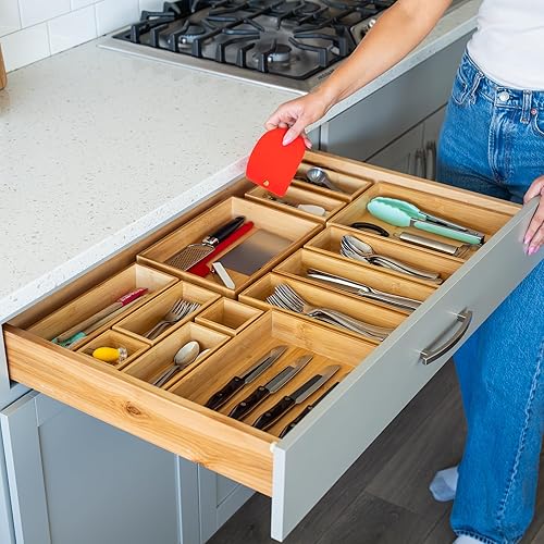 Miniatura 5 de Grow Forward Cajas organizadoras de cajones de bambú, juego de 21 organizadores de cajones de madera para cocina, baño, oficina, escritorio,