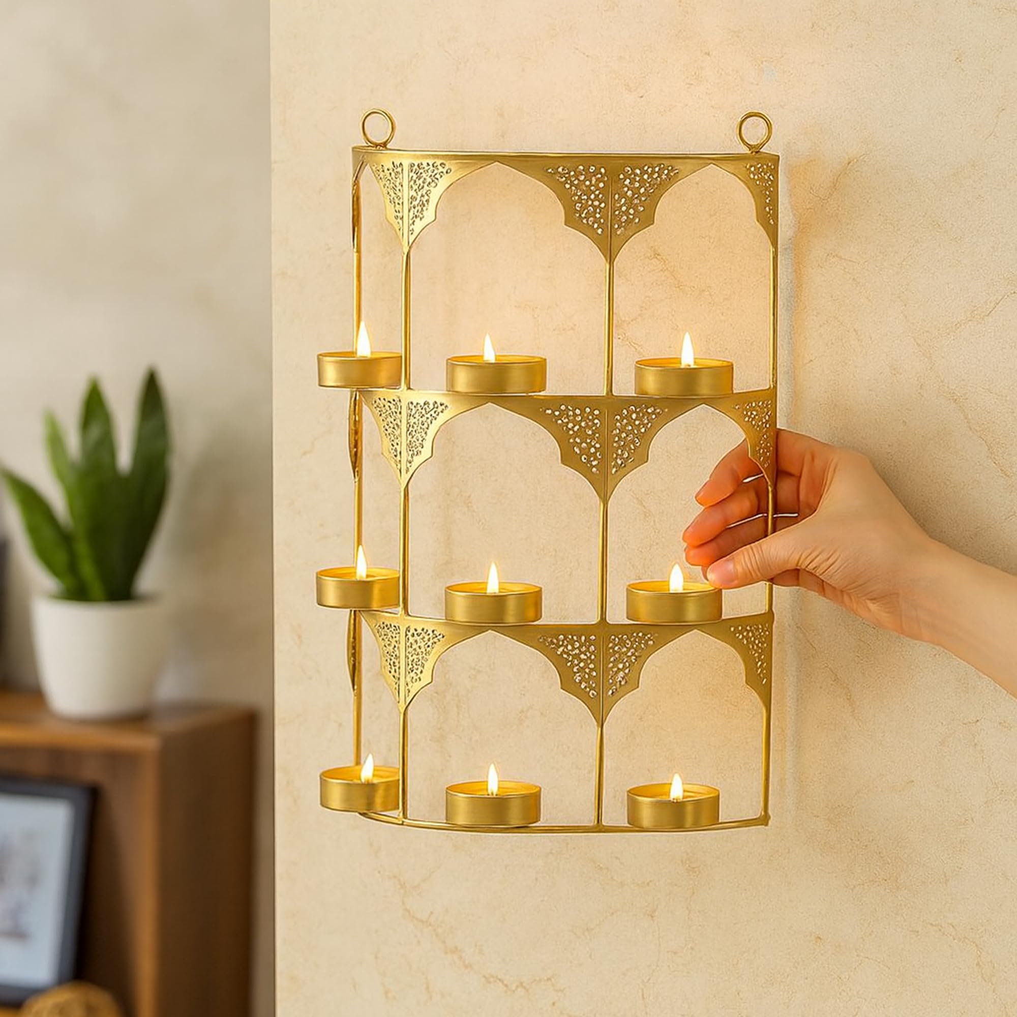 CraftVatika Tealight Candle Holder, Festiv Decor Diwali Decoration for Home, Wall Hanging Metal Jharokha 9 Tealight Candle Holder Votive Stand Frame Christmas Diwali Gift Items for Family Friends-image-8