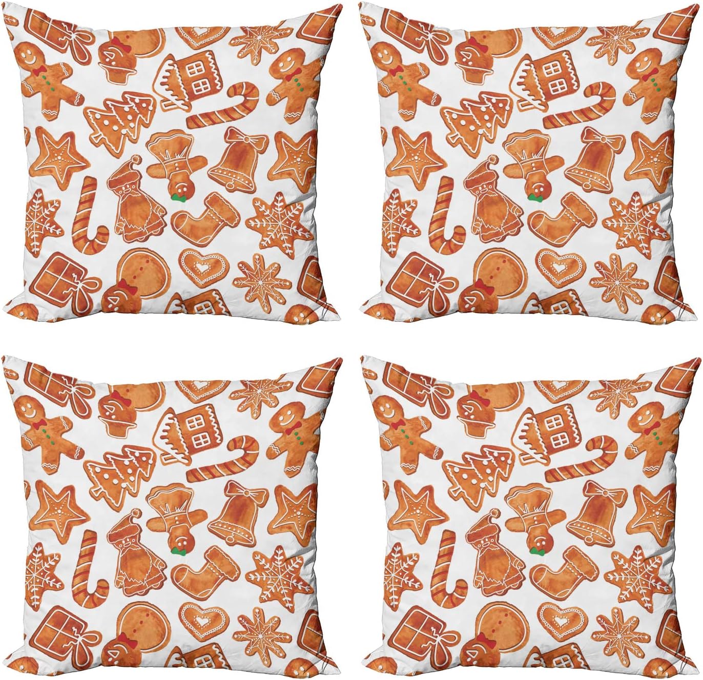 Ambesonne Christmas Throw Pillow Cover Set of 4, Gingerbread Man House Cones Xmas Cookie Celebration Theme, Square Cushion Covers Decor for Bed Couch Sofa, 20"x20", Pale Brown and White