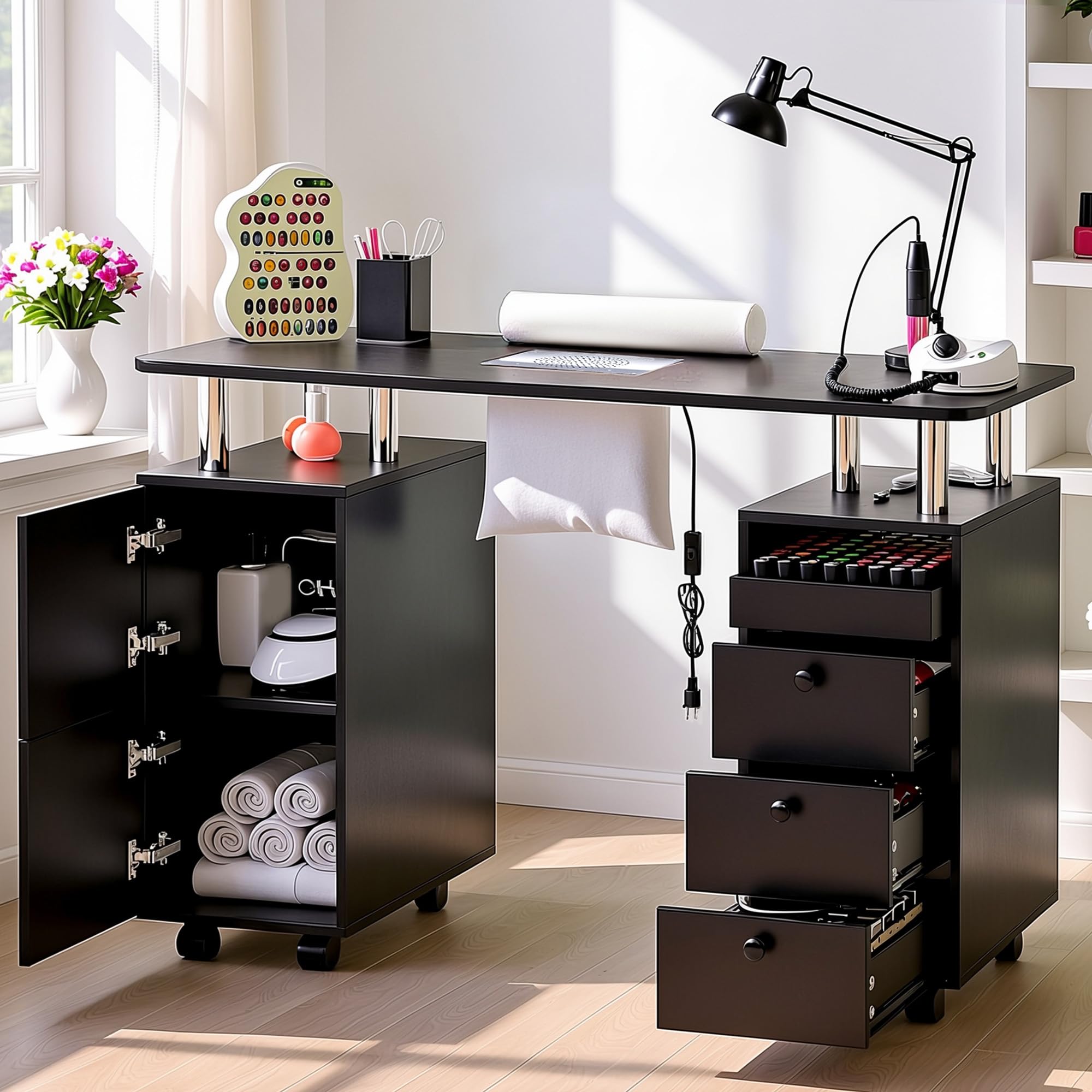 LED Manicure Table with Built-in Dust Collector&4 Dust Bag,Nail Desk with 3 Drawer&2 Cabinet,Rolling Nail Table with Lockable Wheel,Wrist Rest for Beauty Nail Salon,Nail Workstation Art Desk (Black)