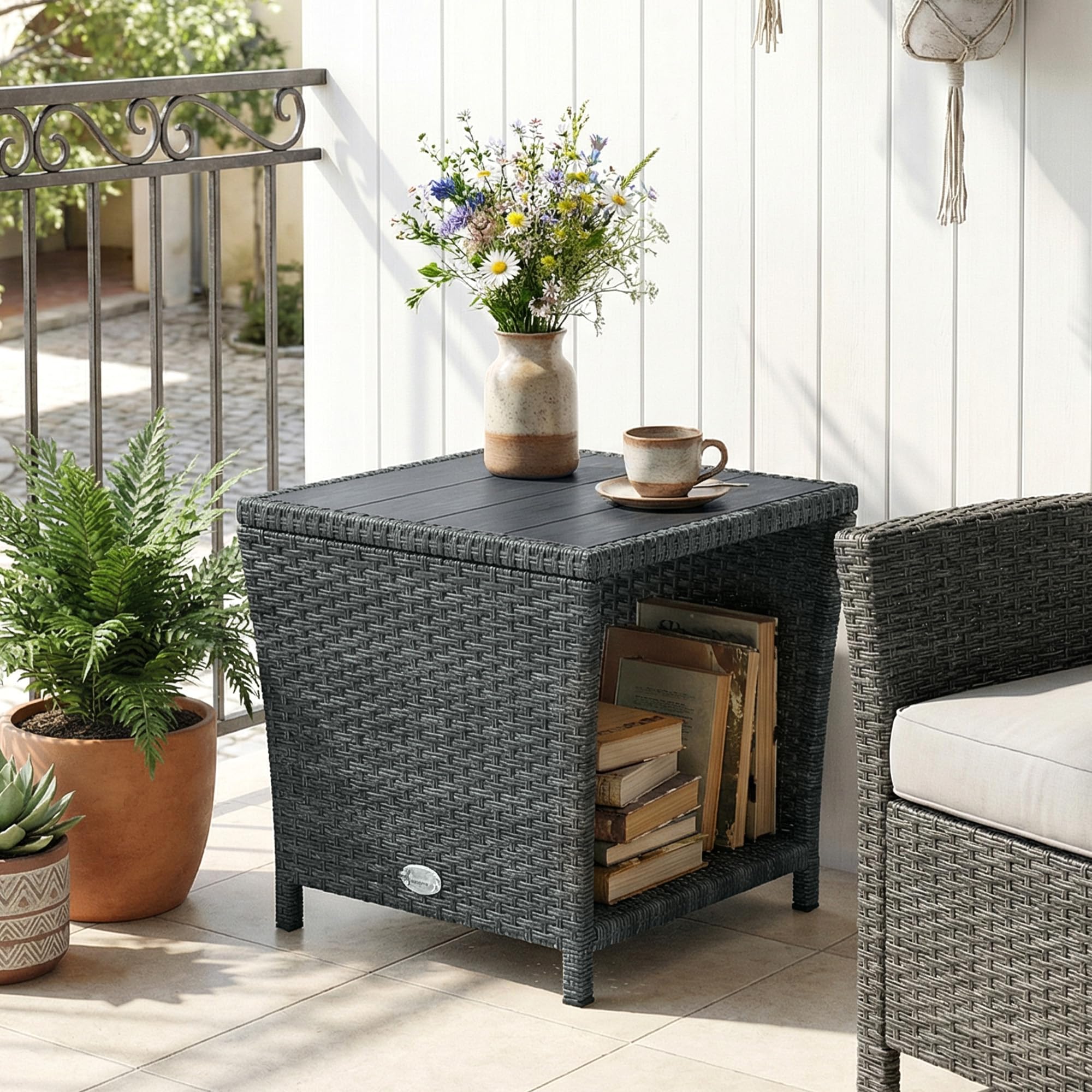 Outsunny 2-Tier PE Rattan Side Table with Storage Shelf, Square Outdoor Coffee Table with PS Wood Slat Top, UV-Resistant for Patio, Garden, Balcony, Grey — view 9