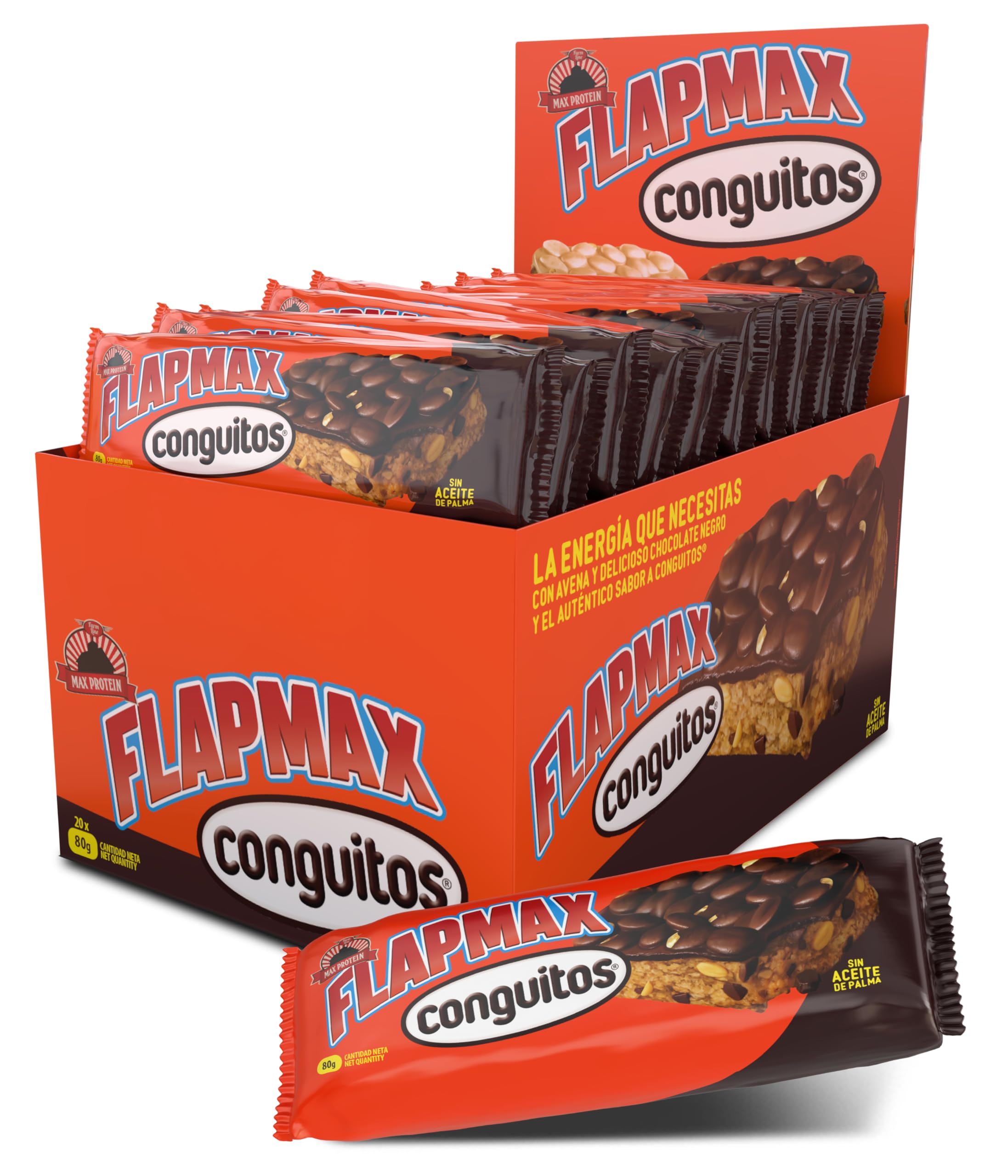 MAX PROTEIN - Barritas Energeticas FLAPMAX Conguitos Dark - Pack 20 Barritas x 80 gr - Barritas de Avena y Cacahuetes con Conguitos - Barrita Pre Entrenamiento o Sustitutivas