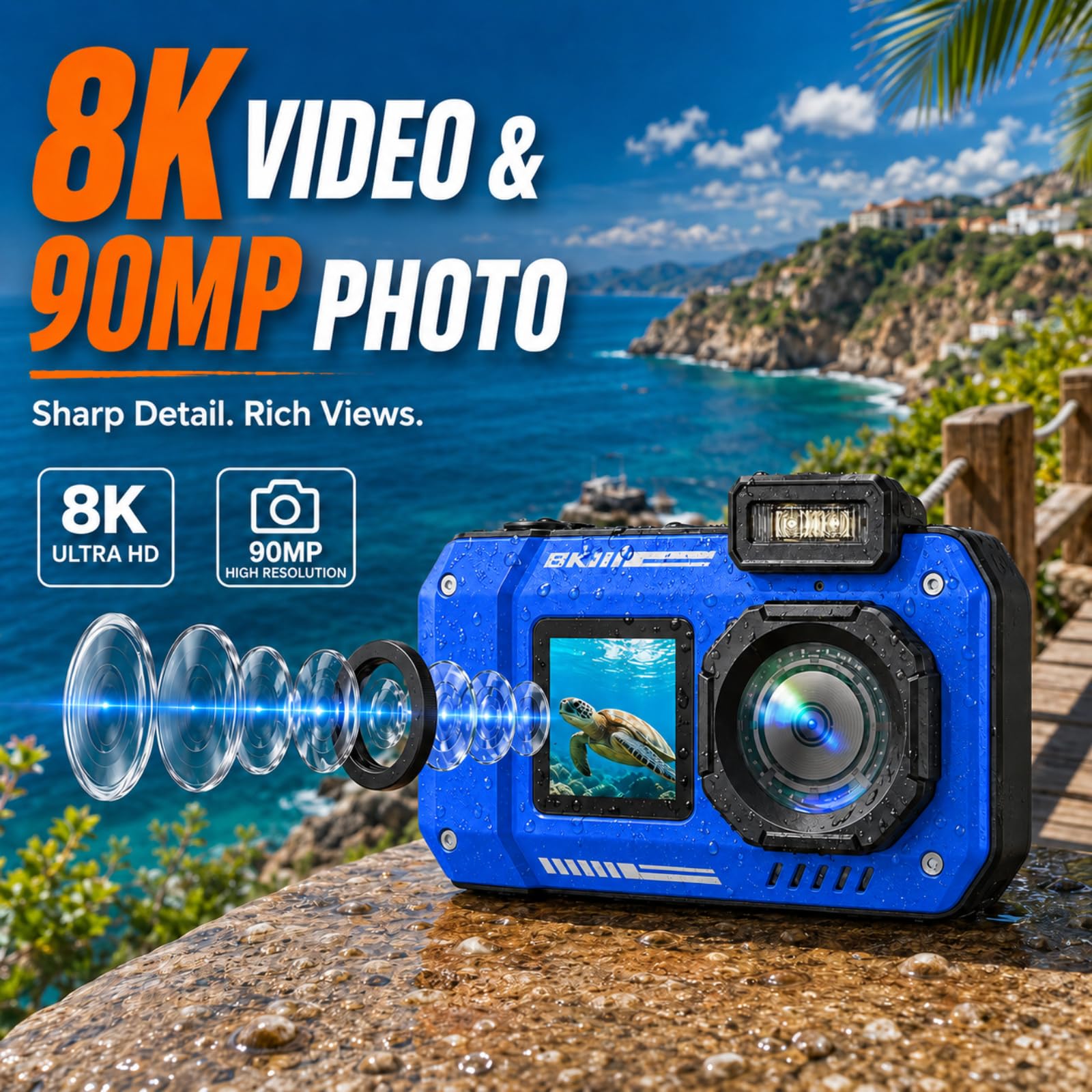 MaxMango D50 33FT Cámara Digital Impermeable, 8K 70MP Cámara Acuática con 16 GB, Cámara de Fotos con 2.88" Doble Pantalla 18x, Resistente al Polvo y a los Golpes, Autofocus - Azul