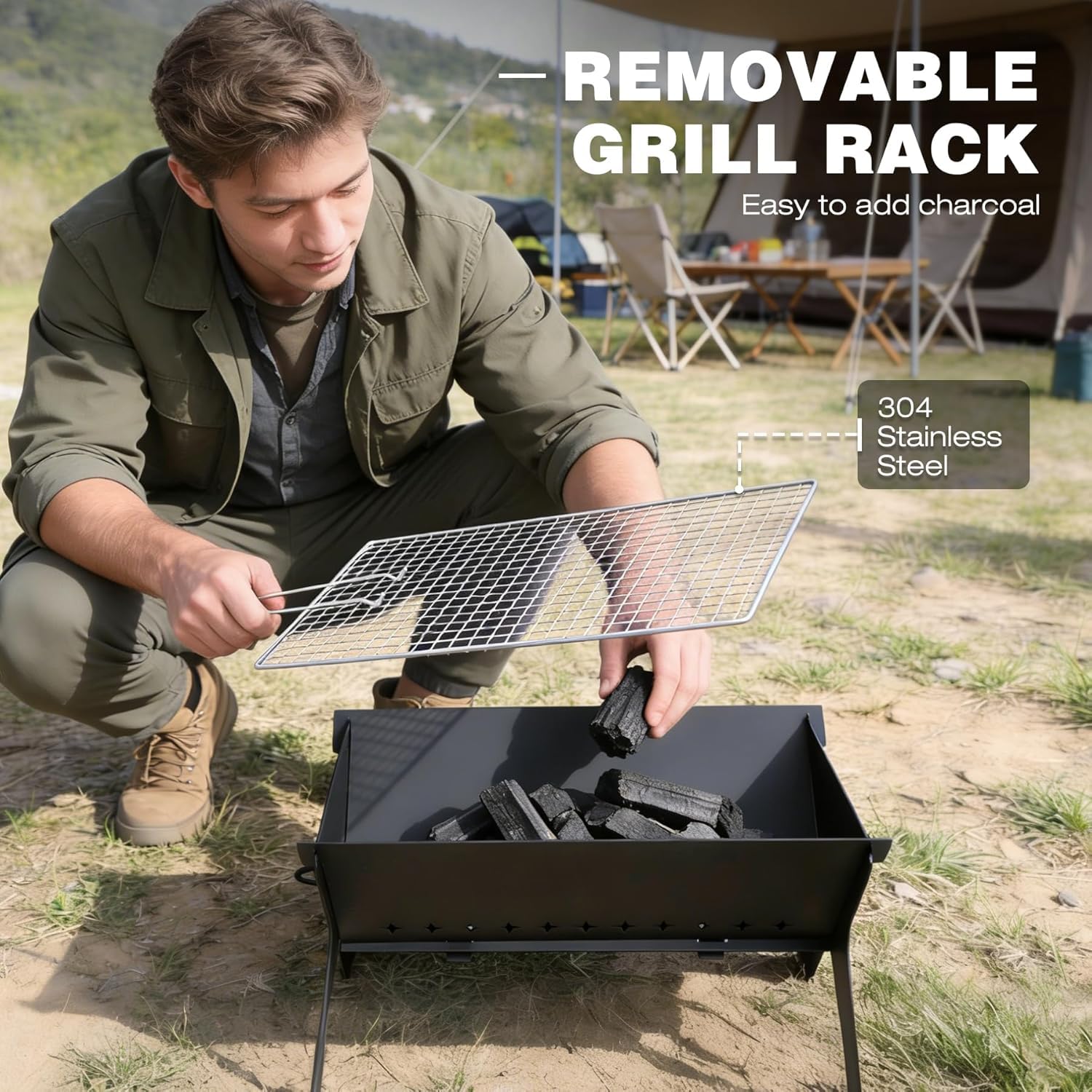 REDCAMP Camping Feuerstelle groß mit Grillrost, 2in1, tragbar, Outdoor | Feuerkorb mit 304 Edelstahlrost, Holz & Kohle, werkzeuglos, klappbar, kompakt mit Tasche, für Garten Strand unterwegs