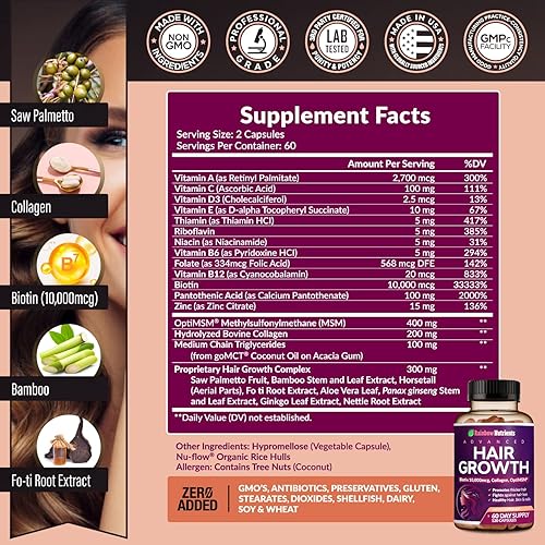 Miniatura 3 de Paquete de 2 vitaminas para el crecimiento del cabello para mujeres  Biotina 10,000 mcg, colágeno, OptiMSM patentado, goMCT, saw palmetto  Regenera