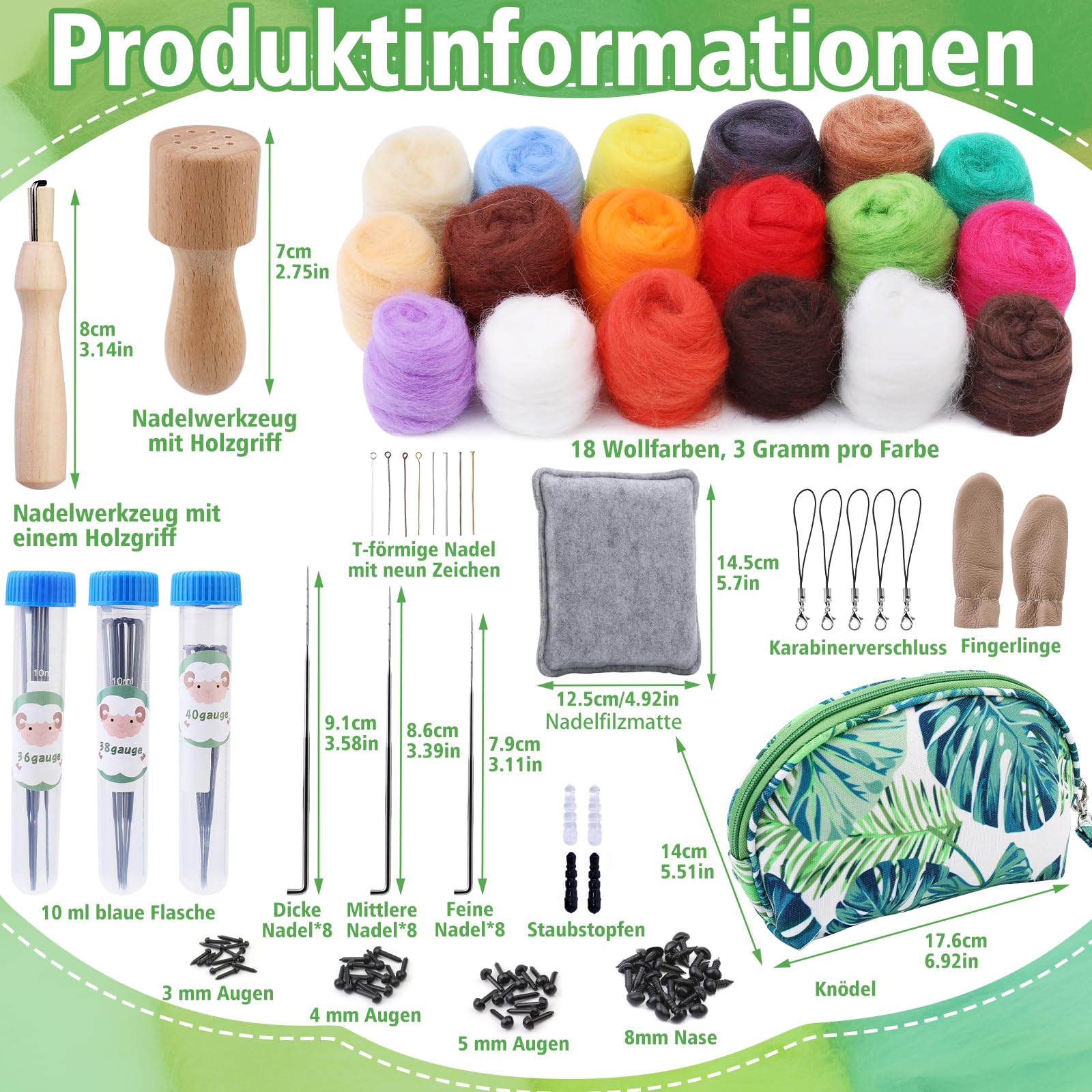 KAMAIKA Nadelfilz Set, 18 Farben Filzwolle Nadelfilzen Starter Kit Mit Filznadeln Zum Trockenfilzen Filz Wolle Roving Filzwerkzeugen Für Anfänger Filzwolle Nassfilzen DIY Handwerk
