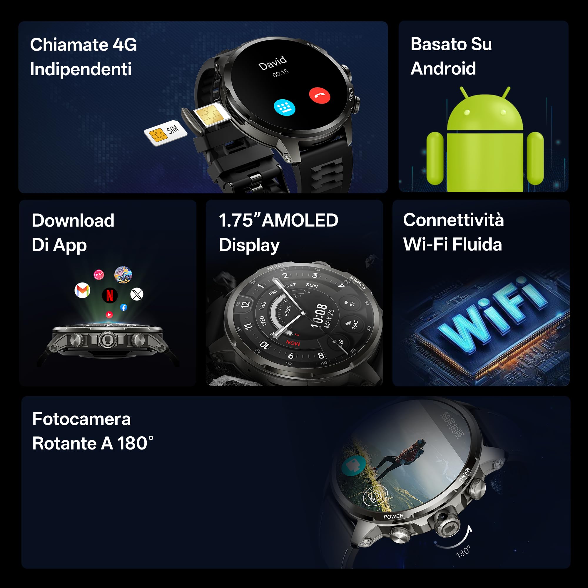 Black Shark Watch X Pro Smartwatch, Orologio Telefono Android 4G con Schermo AMOLED da 1,75", Fotocamera Rotante, 4GB+32GB, GPS, Autonomia 75H, Monitoraggio Attività e Salute, Nero