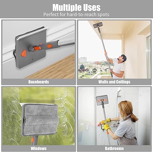 Miniatura 10 de Limpiador de fregona de pared de 85 pulgadas con mango largo y gancho de acero inoxidable, limpiador de pared giratorio de 180, herramienta de