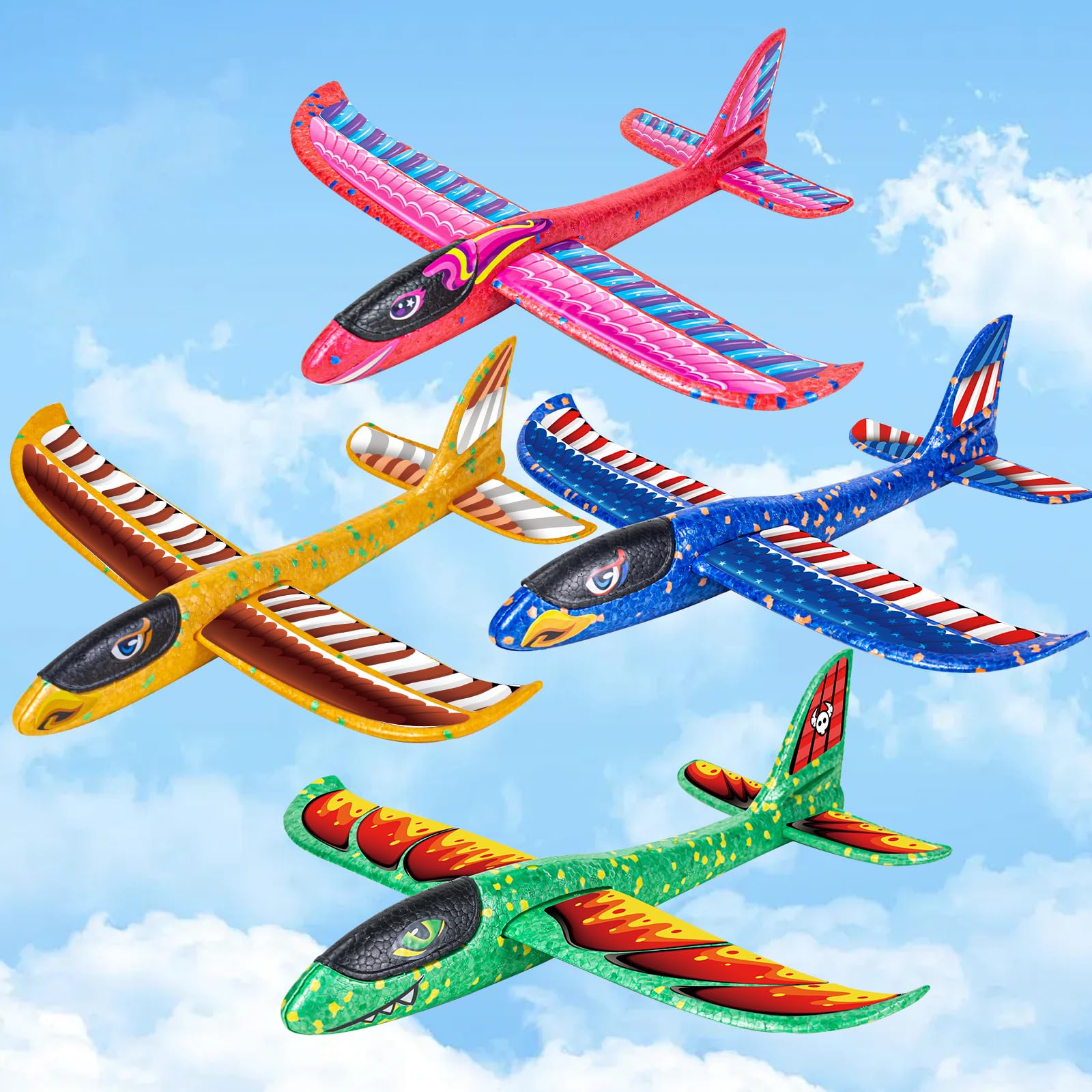 4 Pack Airplane Toys, Kids Throwing Foam Planes, Foam Airplane Models with 3 DIY Stickers, Gifts for Boys and Girls 3-9 Years, Outdoor Sports Plane Toys flying, Birthday Party Activities Gardon