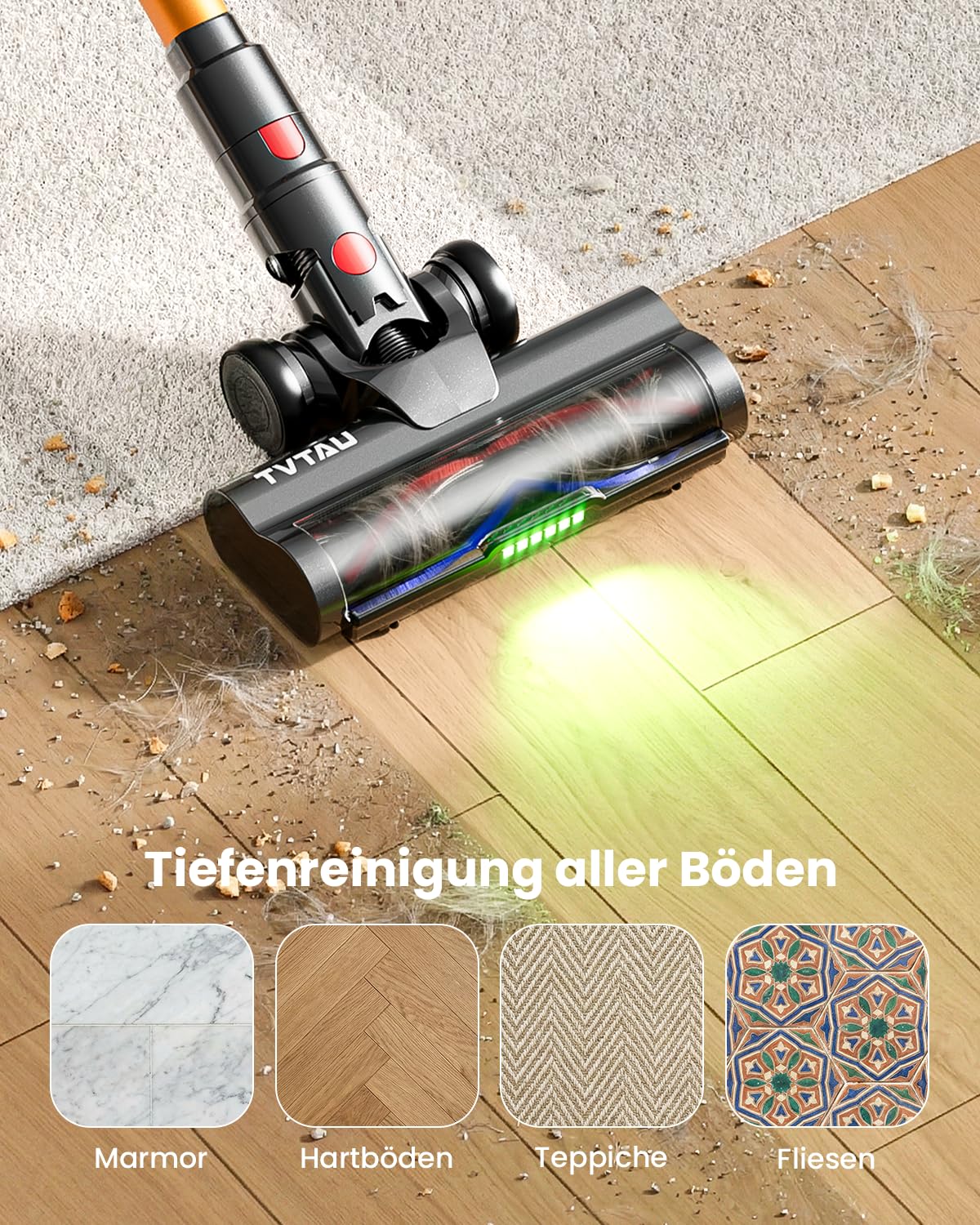 Aspiradora inalámbrica con batería, 650 W, 55 KPa, 75 minutos de autonomía, aspiradora de mano ligera 8 en 1 con luz LED verde y cepillo antienredos, para alfombras de pelo de animales, suelos duros y
