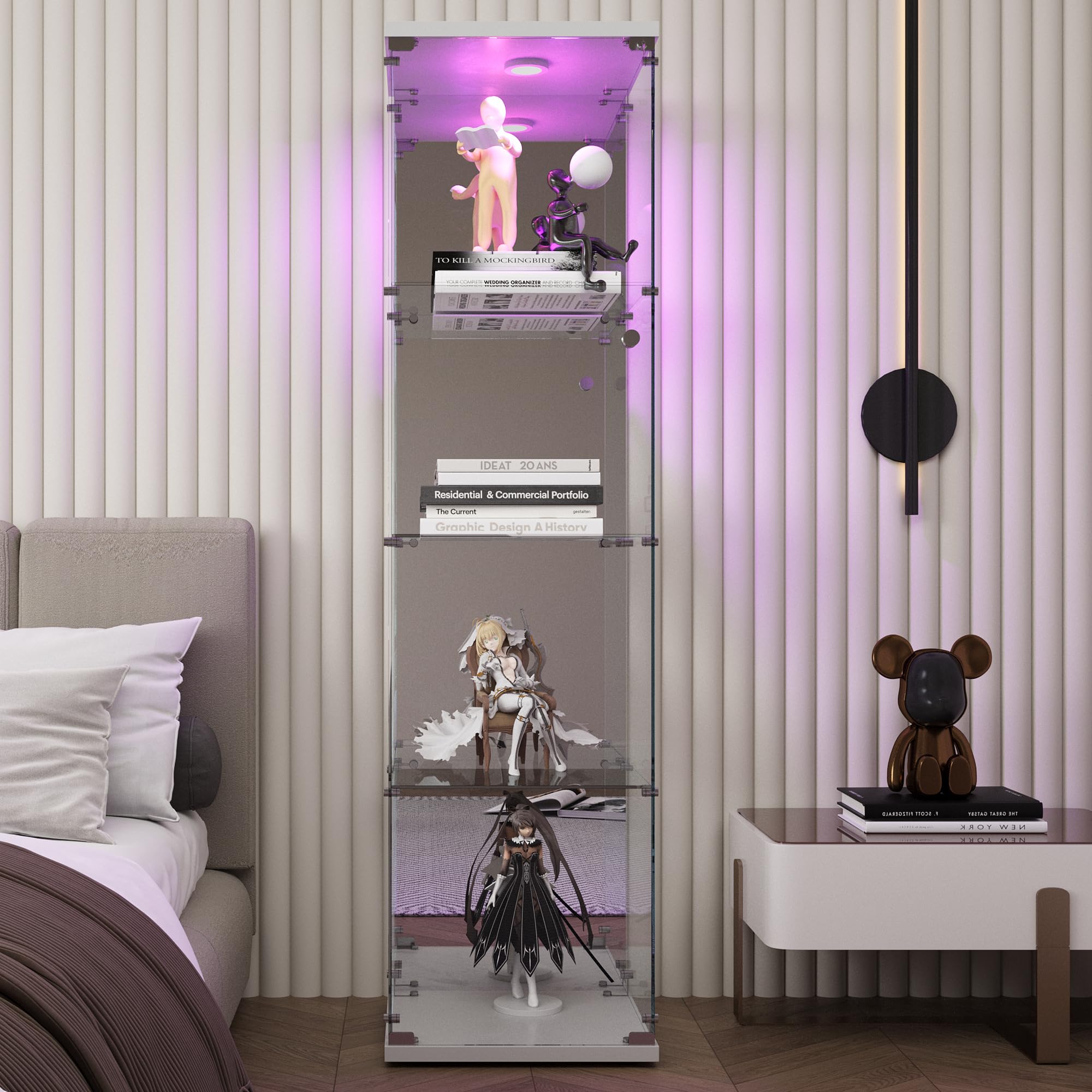 Vitrina de cristal con espejo, vitrina con iluminación LED, cerradura y 1 puerta, 4 compartimentos, vitrina con cristal para coleccionistas, LED para coleccionar (1 puerta)