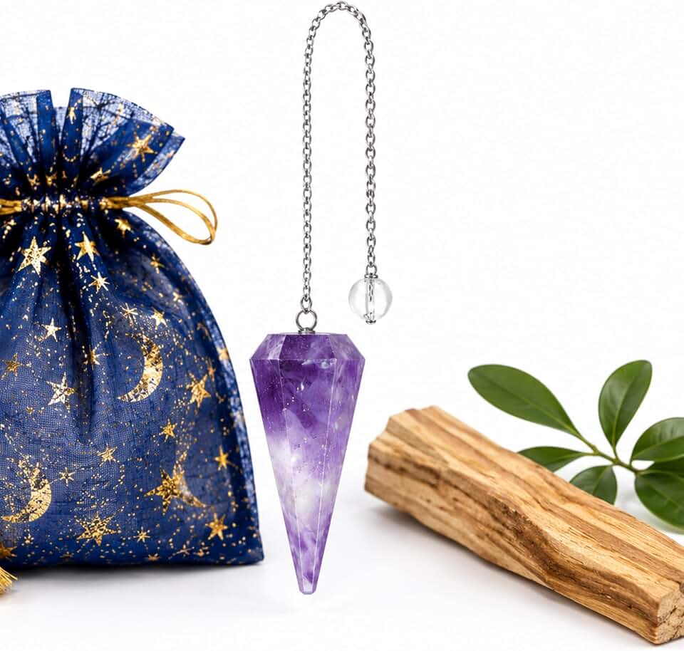 Péndulo Adivinación Amatista Natural +1 Palo Santo + Bolsa de Almacenamiento | Herramienta de Radiestesia y Meditación para Tarot, Reiki y Sanación Espiritual | Cristal Auténtico