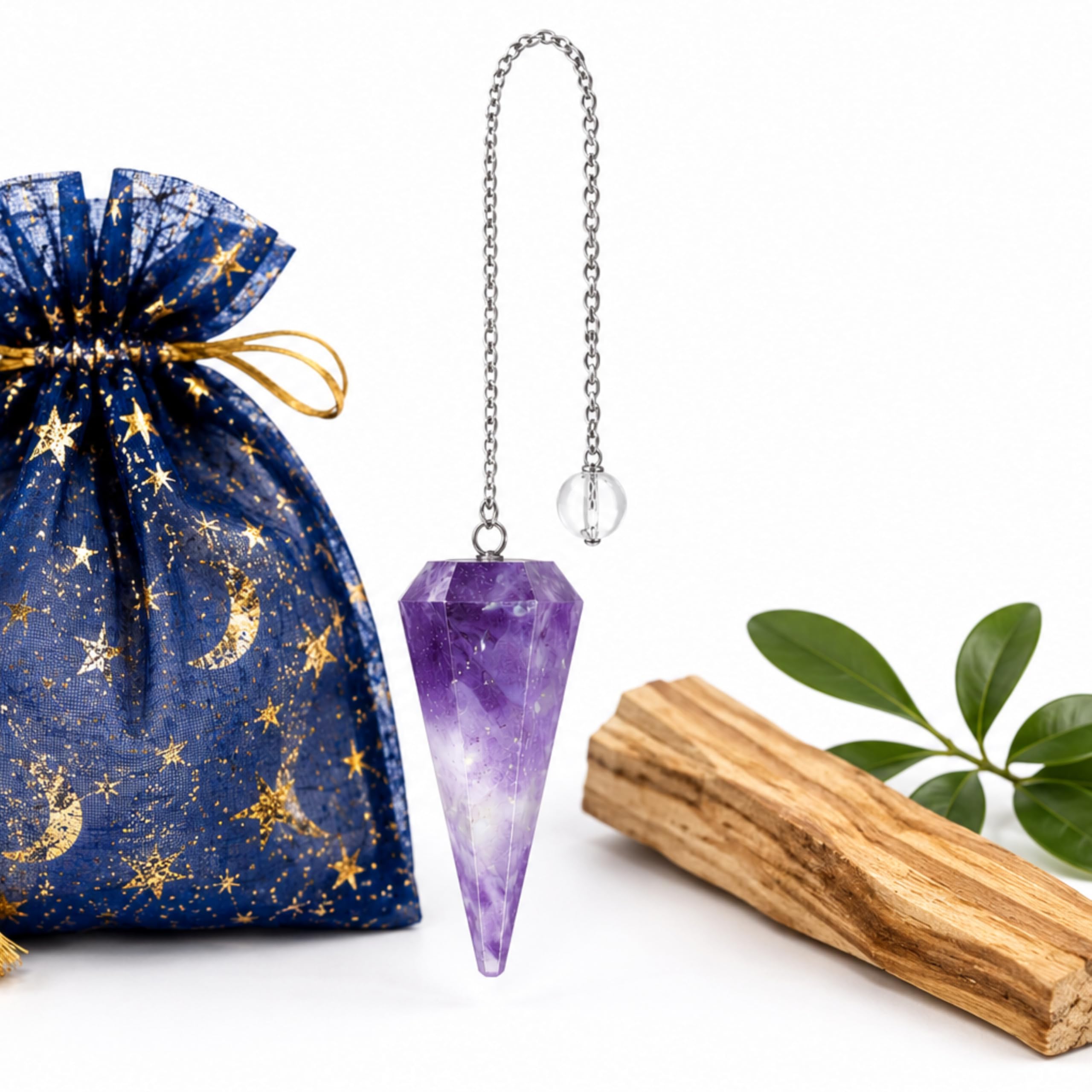 Péndulo Adivinación Amatista Natural +1 Palo Santo + Bolsa de Almacenamiento | Herramienta de Radiestesia y Meditación para Tarot, Reiki y Sanación Espiritual | Cristal Auténtico