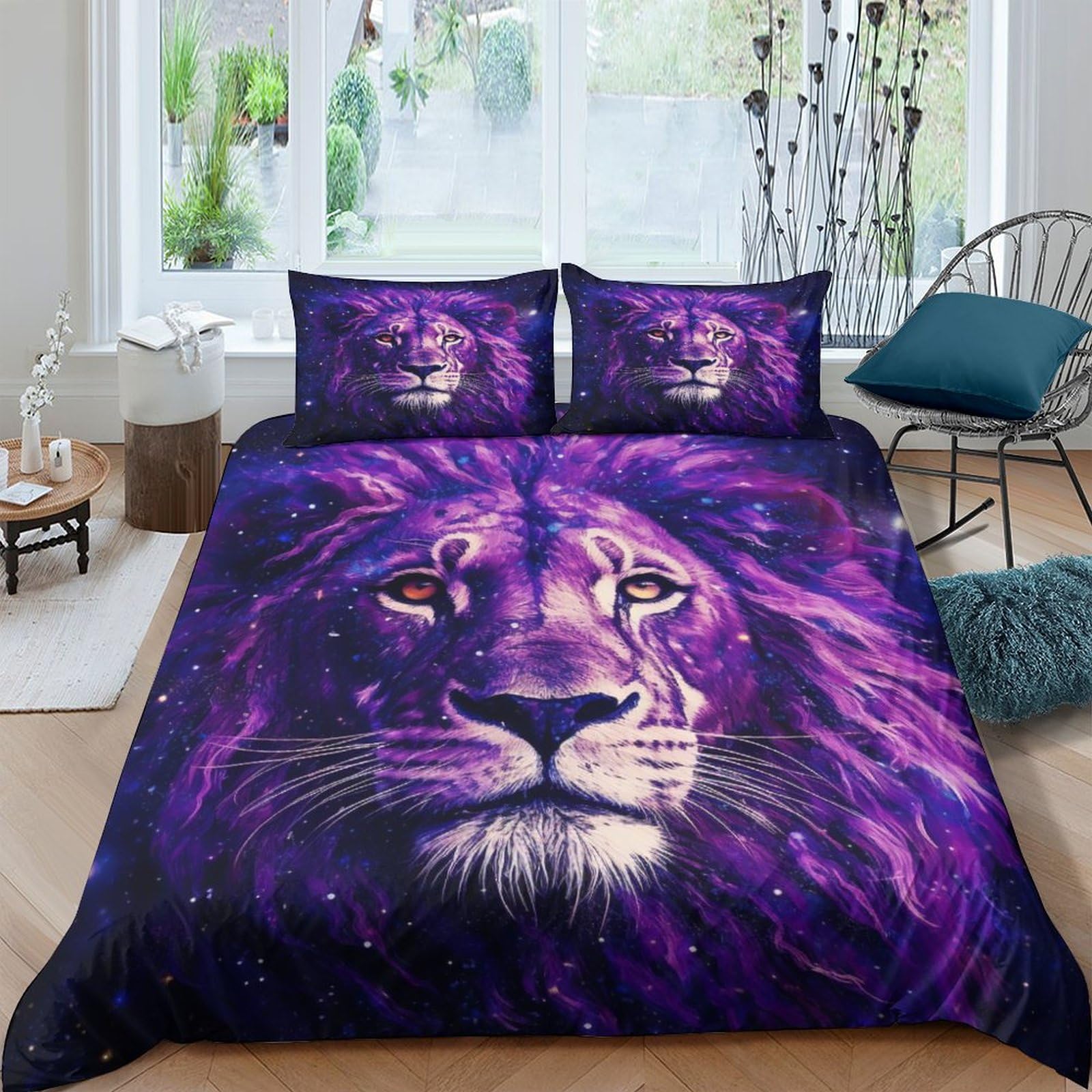 Parure de lit lion ciel étoilé pour chambre adulte et enfant motif mandalas