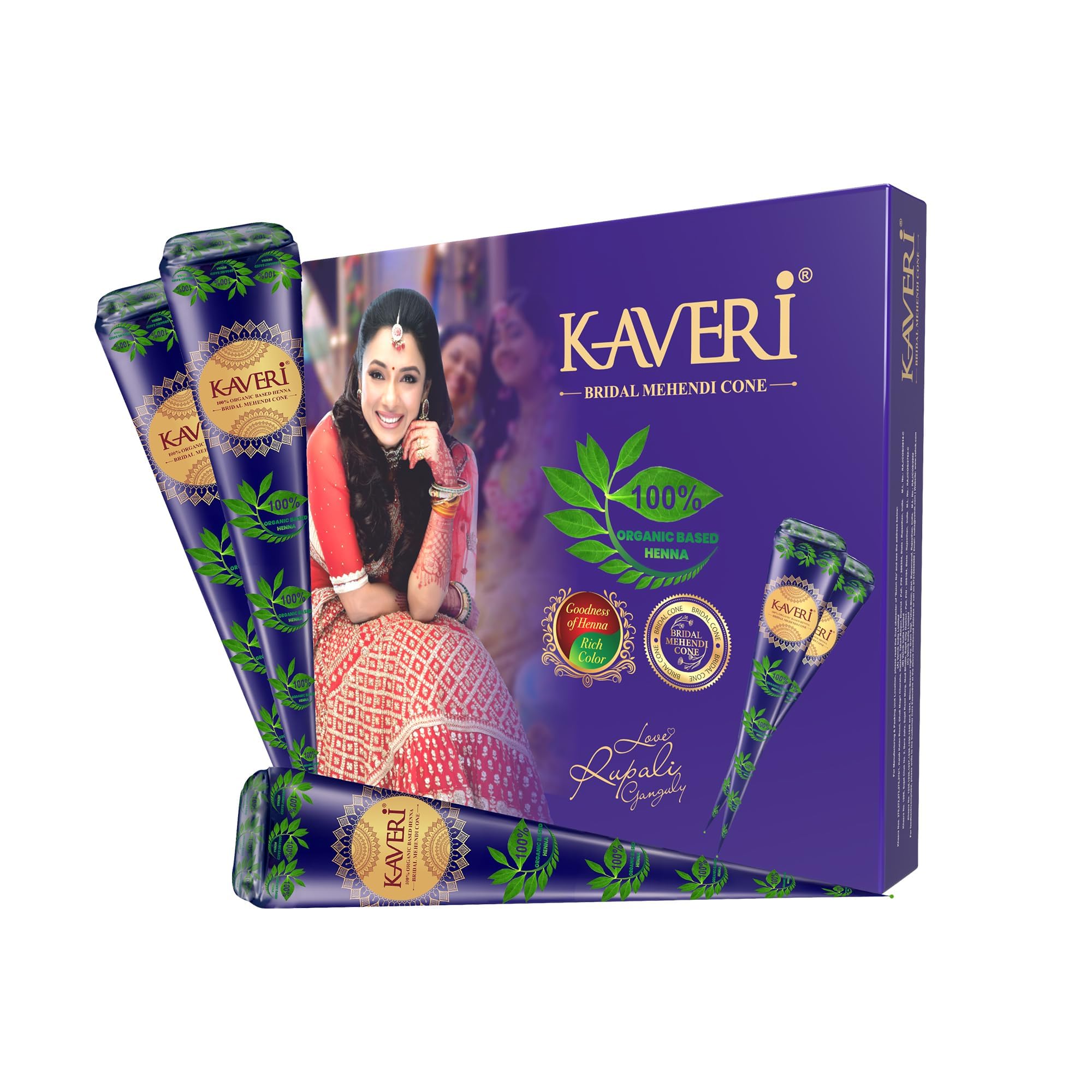 Kaveri Bridal Mehendi Cones for Hands - Long Lasting Reddish Brown Color with Natural Henna leaves (pack of 2-24 Pieces)