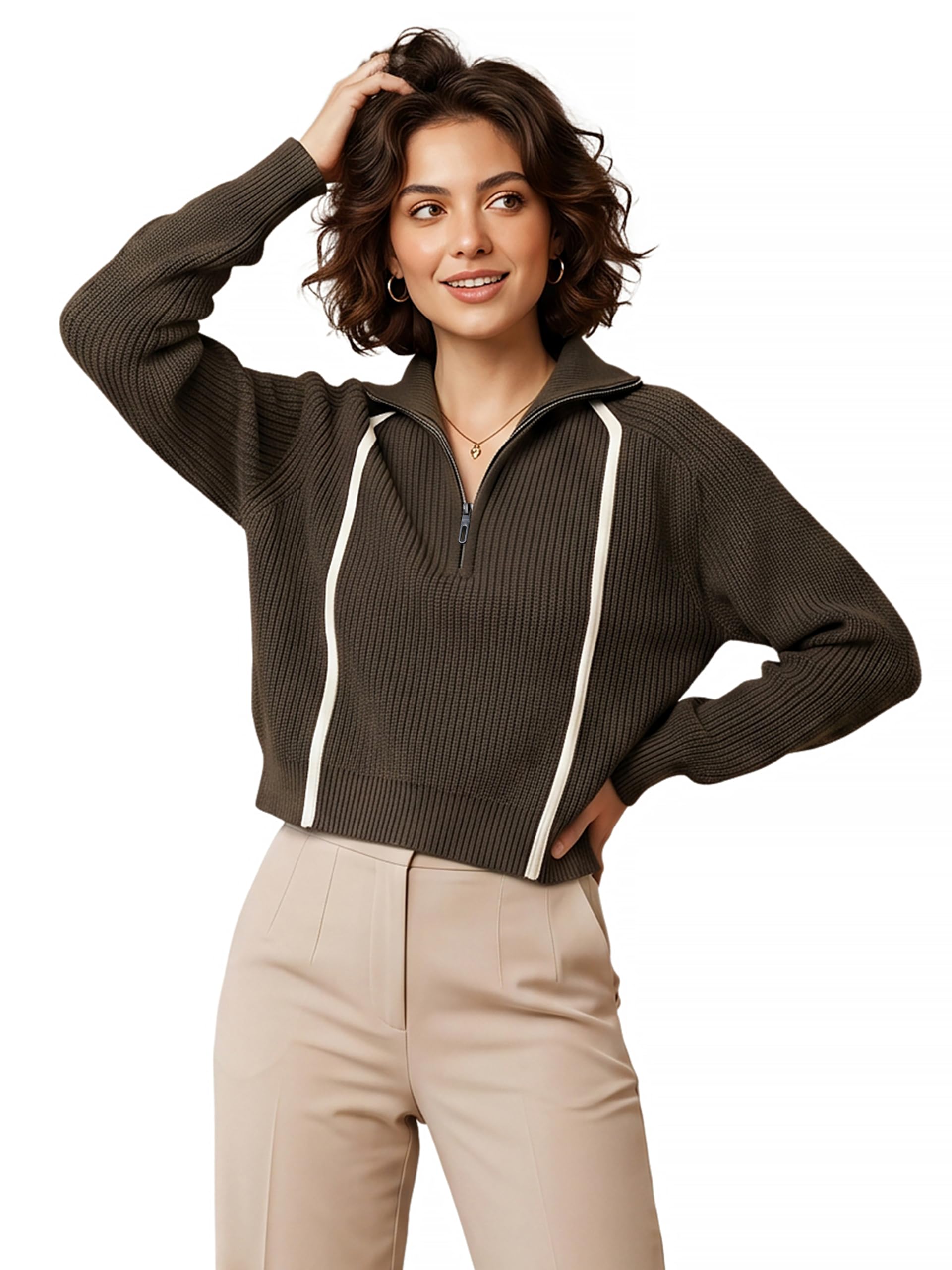 Women High Neck Full Sleeve Knitted Half Zip Pullover Sweatshirt-image-21