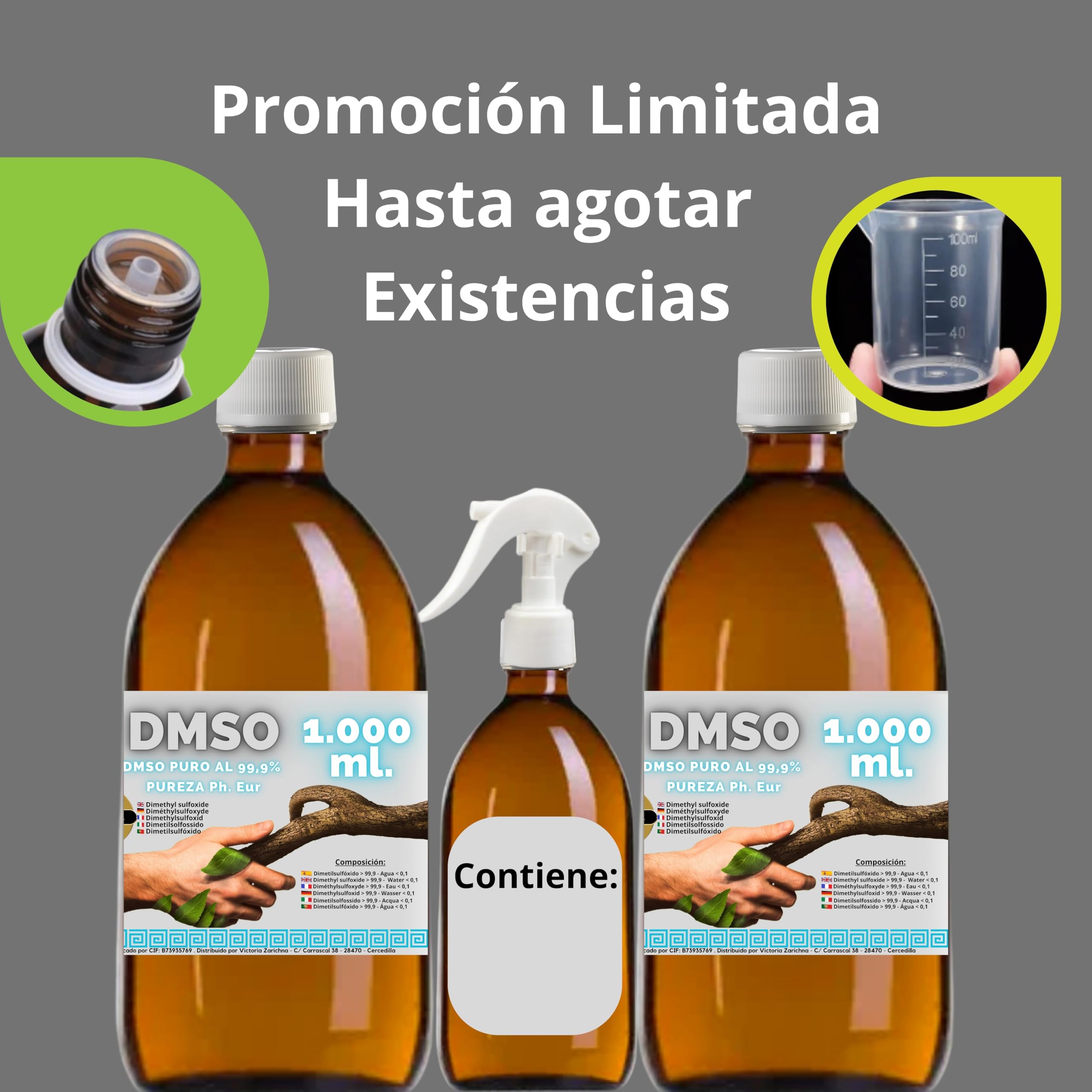DMSO Dimetilsulfóxido 99,9% Pureza | Pack 2 x 1000 ml | Máxima Pureza | Frascos Ámbar de Laboratorio con Precinto de Seguridad | Incluye Accesorios de Dosificación