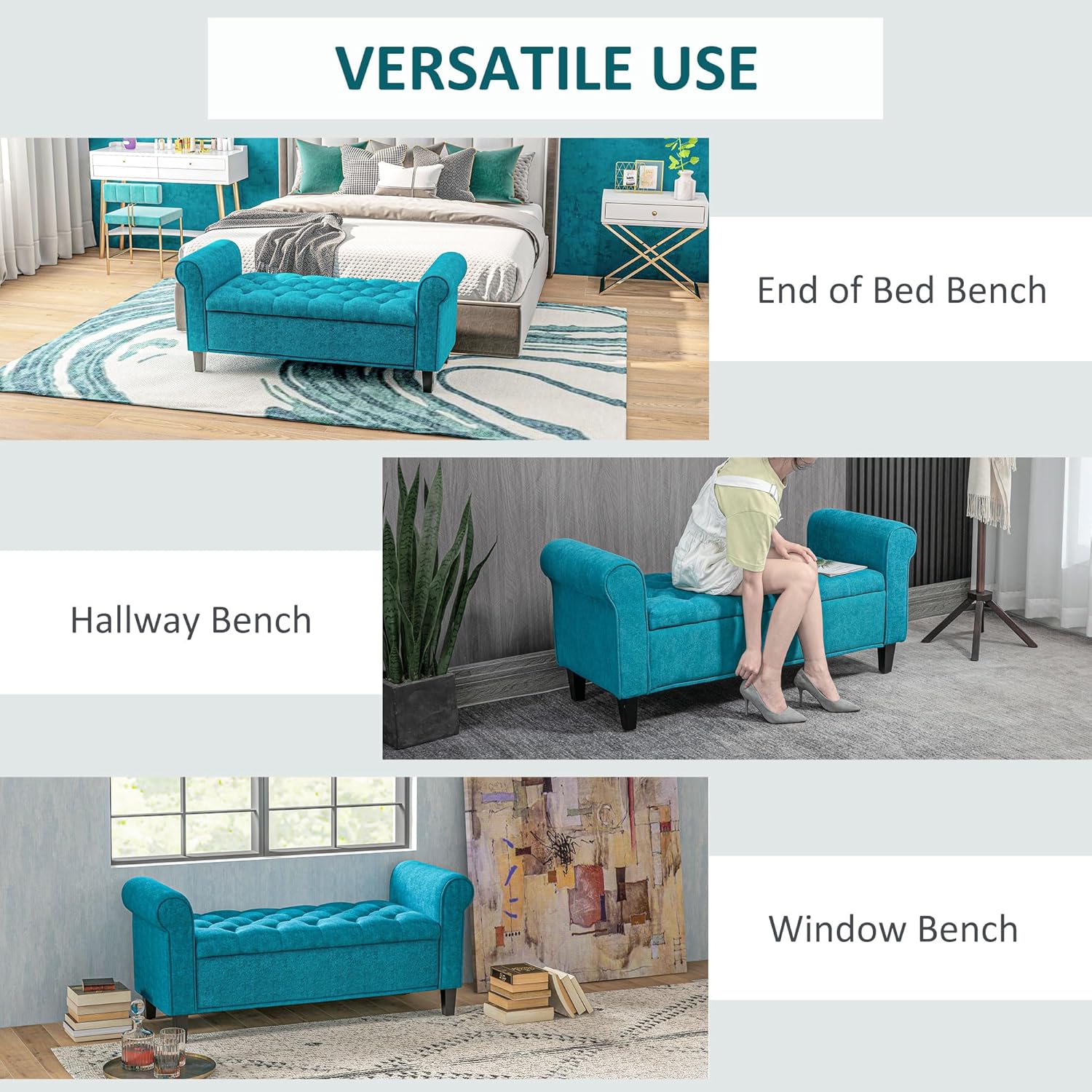 Teal Tufted Upholstered Storage Bench with Rolled Arms