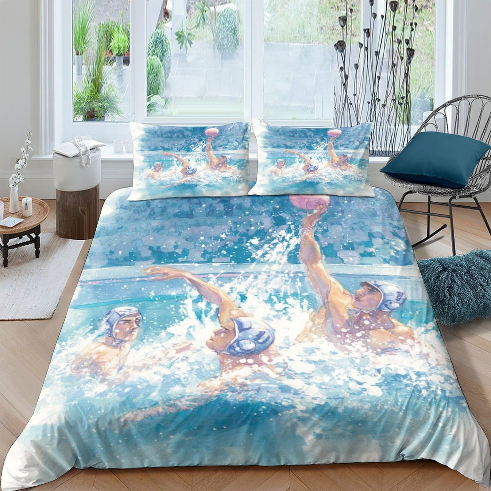 Ctjqhvkz Style-9 3D Printed Water Polo Fitted Sheet Microfiber Soft Blue Splash Mattress Cover Anti-Slip Washable Bedroom Decor For Teens Adults Single（135X200cm）