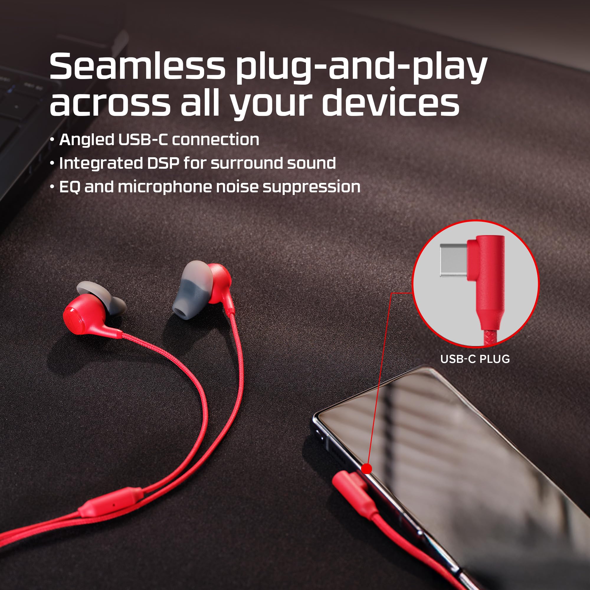 HyperX Cloud Earbuds III S Écouteurs avec câble USB multiplateforme, Son Surround, Coussinets 4 Tailles, Microphone avec Annulation de Bruit, Couleur Rouge