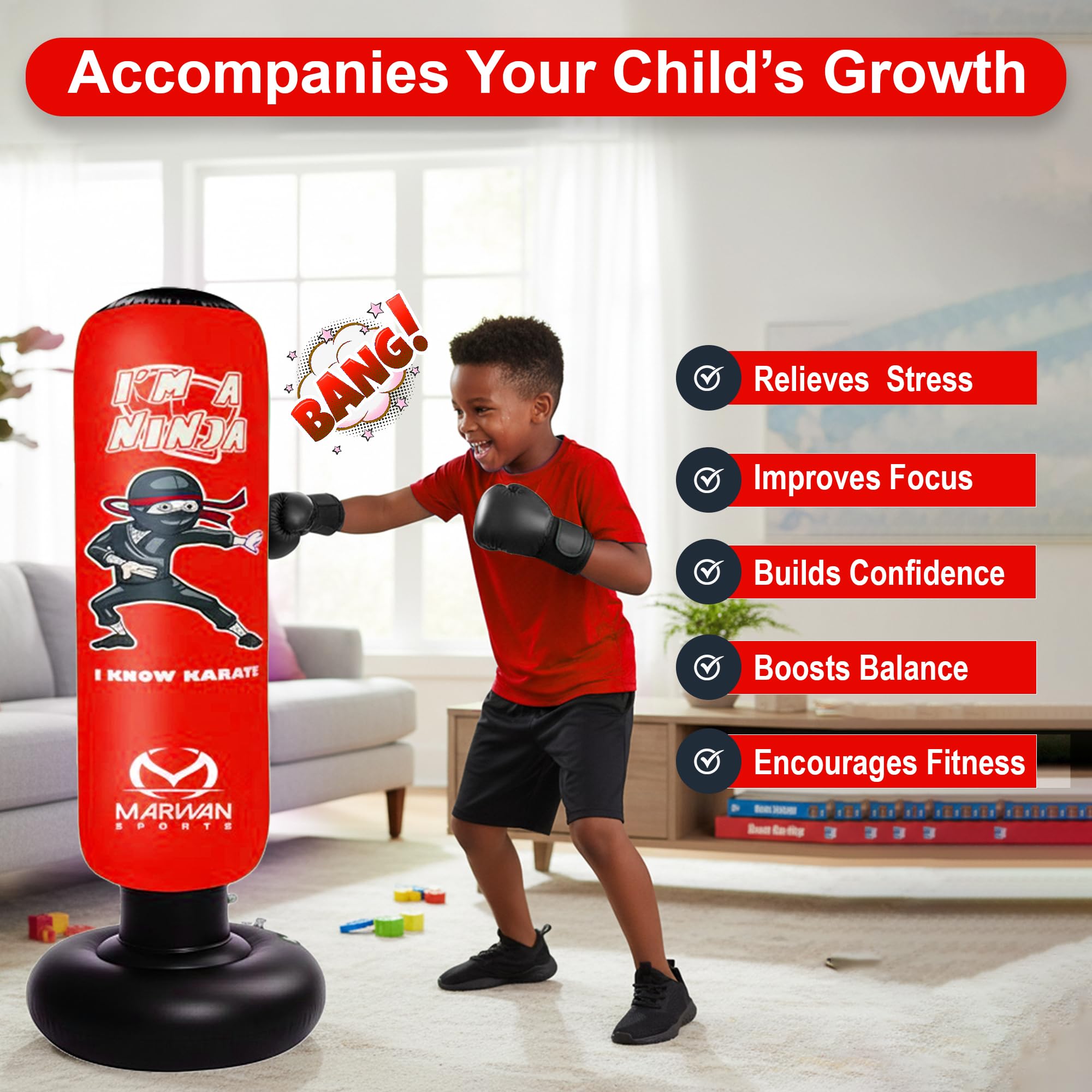 Marwan Sports Inflatable Kids Punching Bag &ndash; Free Standing Ninja Boxing for  Immediate Bounce-Back Practicing Karate, Taekwondo, MMA and to Relieve Pent  Up Energy in Adults/Tall 5' 3inch Stress Relief : Buy