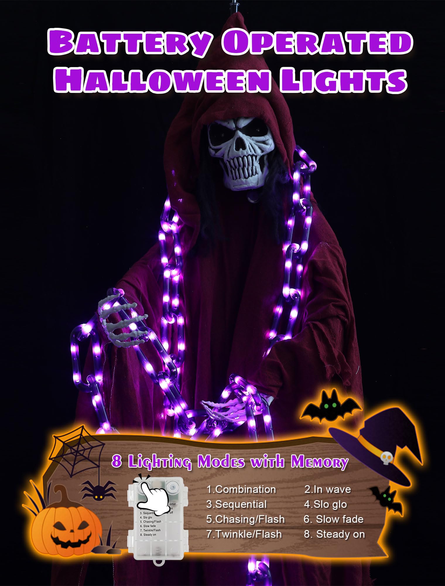 Catena di luci in plastica da 3 m per decorazioni di Halloween, USB e batteria, 175 luci a LED con timer, luce viola, 8 modalità impermeabili, per Halloween, interni ed esterni, decorazione per