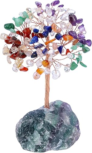 Memolome Árbol de cristal de piedra de 7 chakras cristales curativos de reiki árbol de dinero bonsái con base de cristal de fluorita natural para