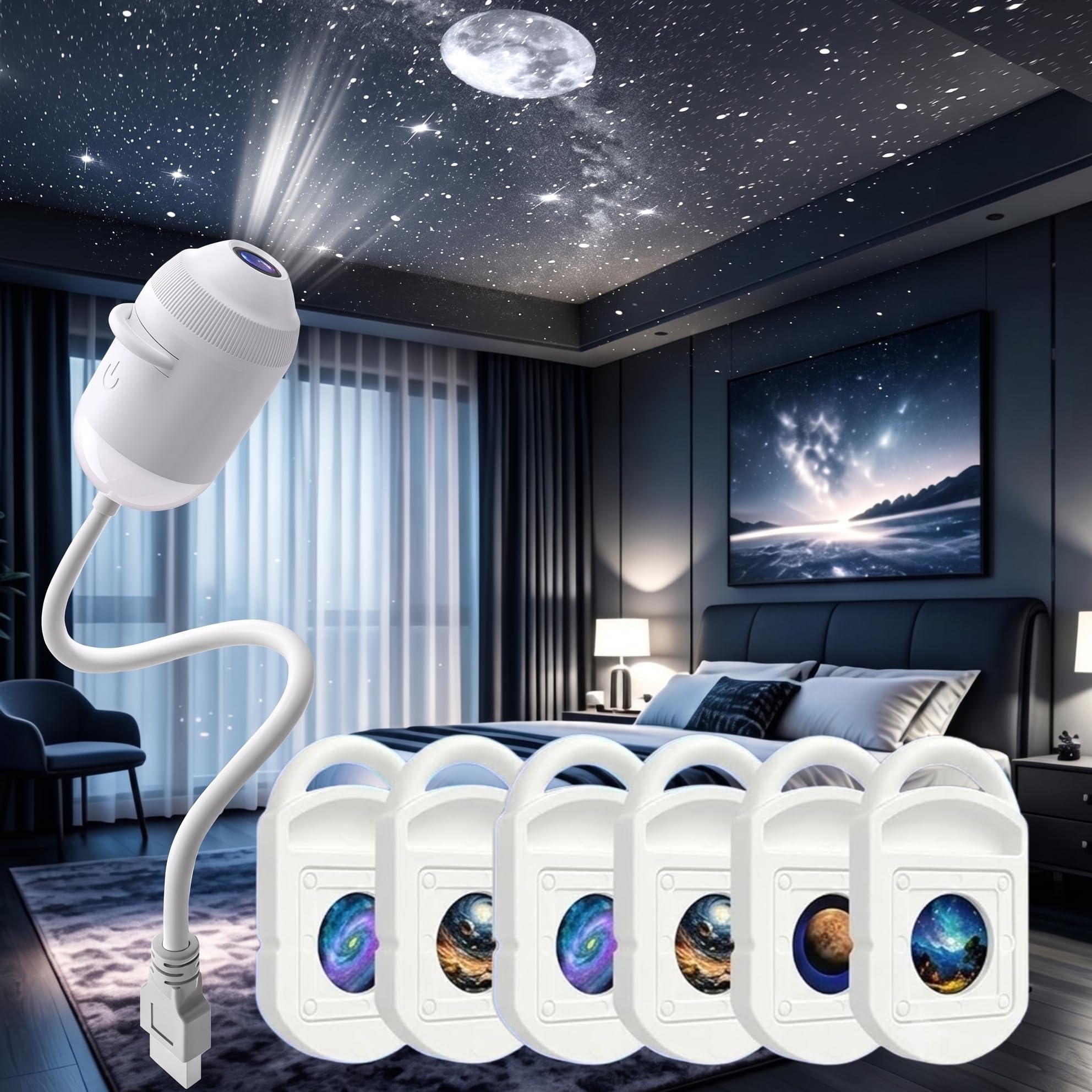 2-in-1 Galaxy Projector Night Light with 6/12/24 Sliding Projection Films, 360° Adjustable Starry Night Light Projector for Car, Bedroom Hallway Ceiling Decor，6 Projection Films