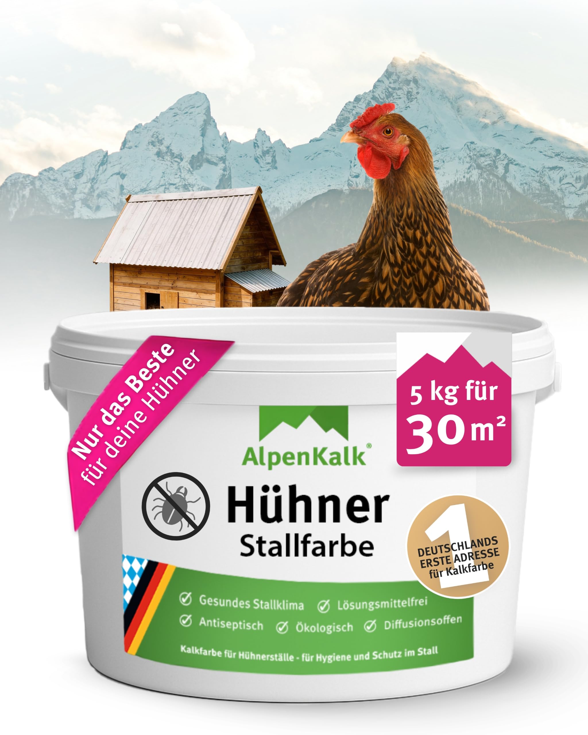 Kalkfarbe Hühnerstall I 5 kg für ca. 30 m² I Antibakterielle Stallfarbe gegen Milben & Schimmel I 100% natürlich & chemiefrei I Atmungsaktiv für ein gesundes Stallklima